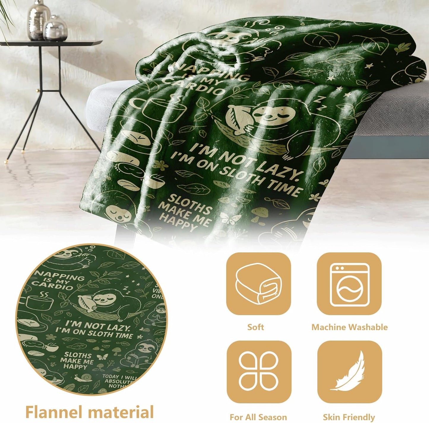 Sloth Throw Blanket 60x50 - Cozy Polyester Flannel Fleece, Forest Green Cartoon Design, Soft Lightweight Couch/Bed/Dorm Throw, Cute Animal Gift for Sloth Lovers, Kids Teens Adults