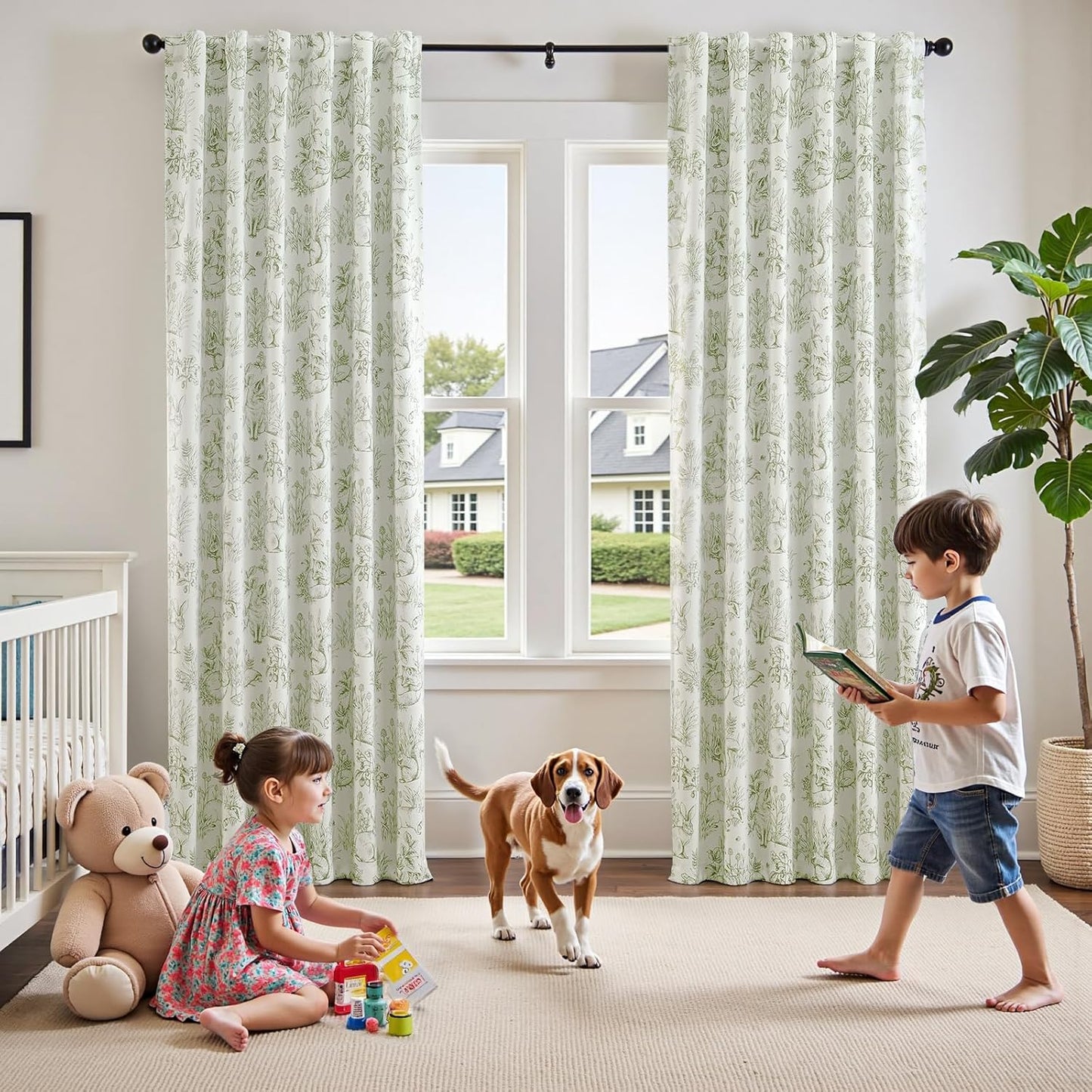 JINCHAN 95% Blackout Nursery Curtains 84 Inches Long, Bunny Woodland Toile Easter Decor Curtains Sage Green on Beige Animal Printed Drapes Bedroom Spring Decoration Farmhouse Window Treatment 2 Panels