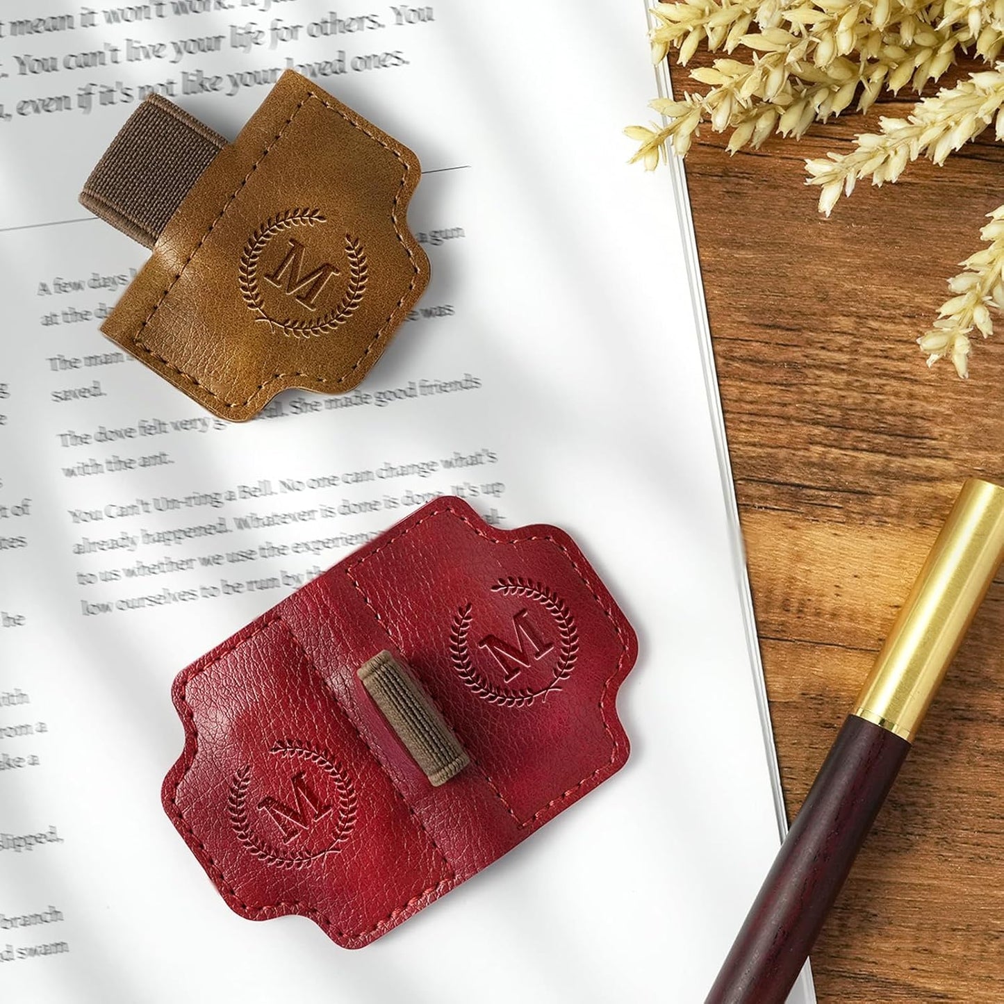 BygoneMark Magnetic Leather Bookmark with Pen Holder, Personalized Custom Initial Page Marker & Pen Clip, Professional Book Accessory for Students (Blue-Cross)