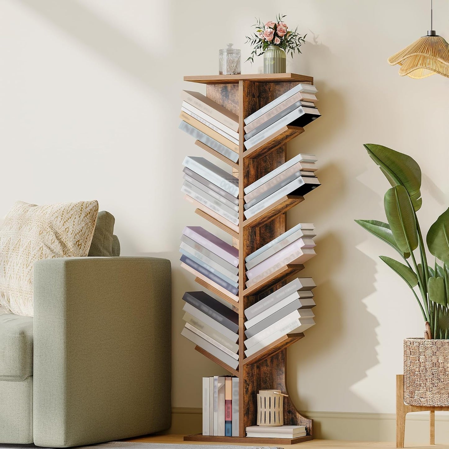 Tree Bookshelf, 11 Tier Narrow Bookcase, Display Shelf, Book Organizer, Small Floor Standing Book Shelf for Bedroom, Living Room, Home Office, Rustic Brown BC01601X