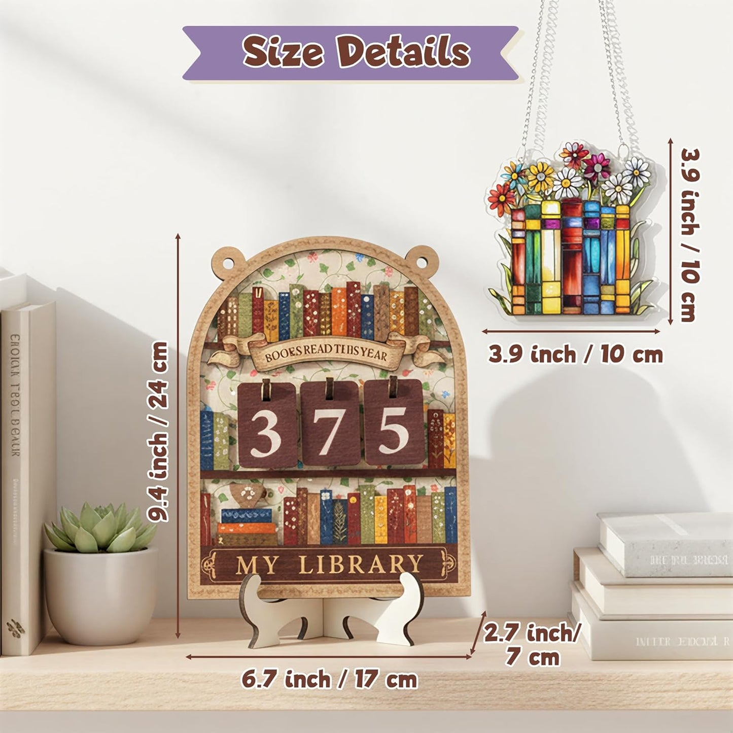 Laffact Books Read This Year Counter - Reading Tracker Sign for Home Library Bookshelf Decoration, Book Suncatcher Ornament Floral Bookish Gifts Accessory for Book Lover Bookworm Birthday Table Decor