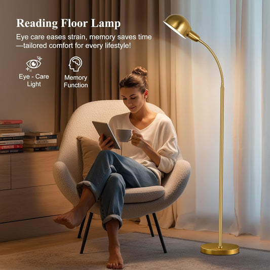 Floor Lamp for Living Room, 63" Standing Lamp with Adjustable Gooseneck, 3 Color Temperatures, Industrial Gold Floor Lamp Reading for Bedroom, Office, 9W LED Bulb