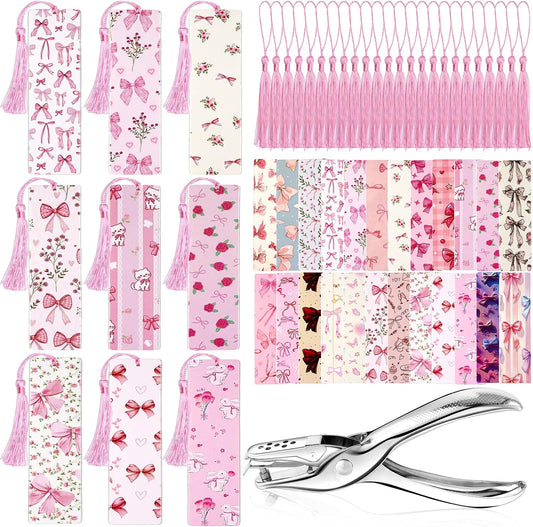 24Set Cute Bookmarks for Reading Women Aesthetic Girly Bookmarks Pretty Pink Bow Book Marks Bulk DIY Bookmark Bookish Page Markers Making Kit Coquette Reading Accessories Valentines Day Gifts
