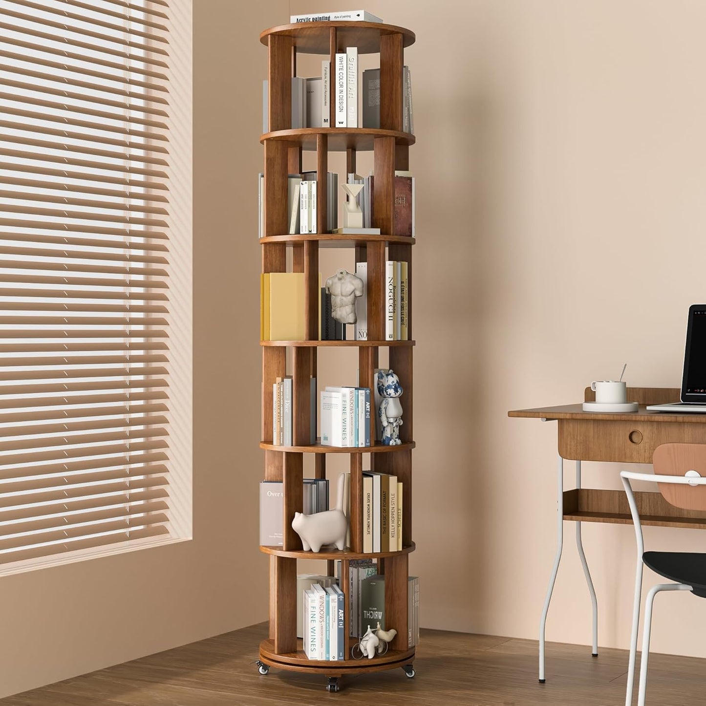 Rotating Bookshelf, 6-Tier Solid Wood Revolving Bookcase on Wheels, 360° Spinning Bookshelf Tower with Lockable Casters, Tall Round Book Tower for Home Office, Living Room, Bedroom, Walnut