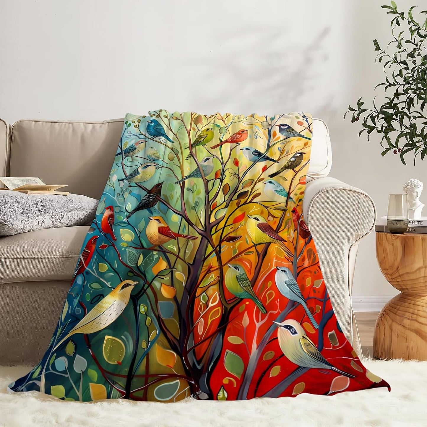 Colorful Bird Tree Blanket Bird Tree Decor Animal Throw Blanket Gifts for Girls Boys Super Warm Soft Plush Lightweight Fleece Flannel Winter Bedding Blankets for Kids Adult Women Men 50"X40"