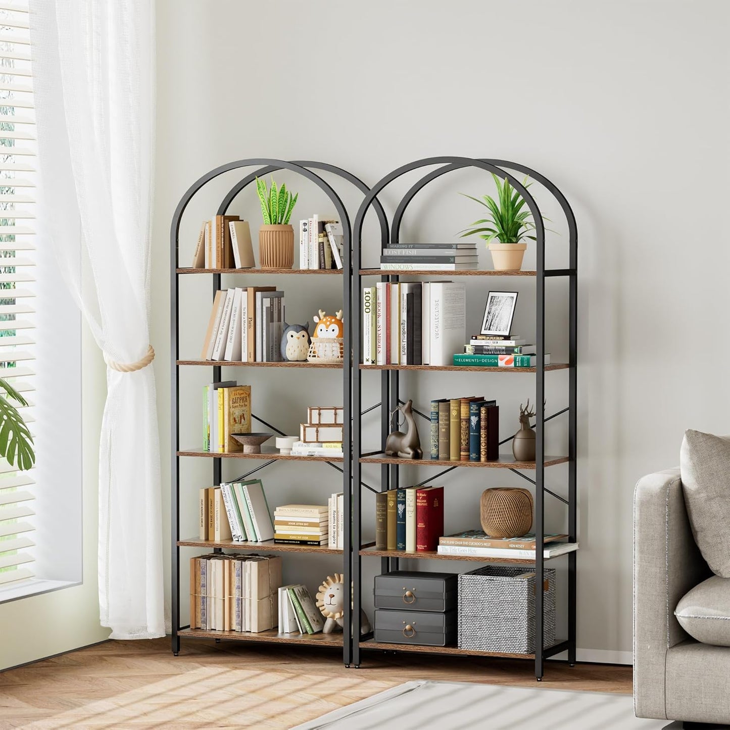 Homhedy 5-Tier Bookshelf Arched Display Racks, Wood and Metal Bookcase, Tall Bookshelf, Industrial Display Standing Shelf Unit, for Home Office, Living Room, Bedroom, Bathroom, Rustic Brown