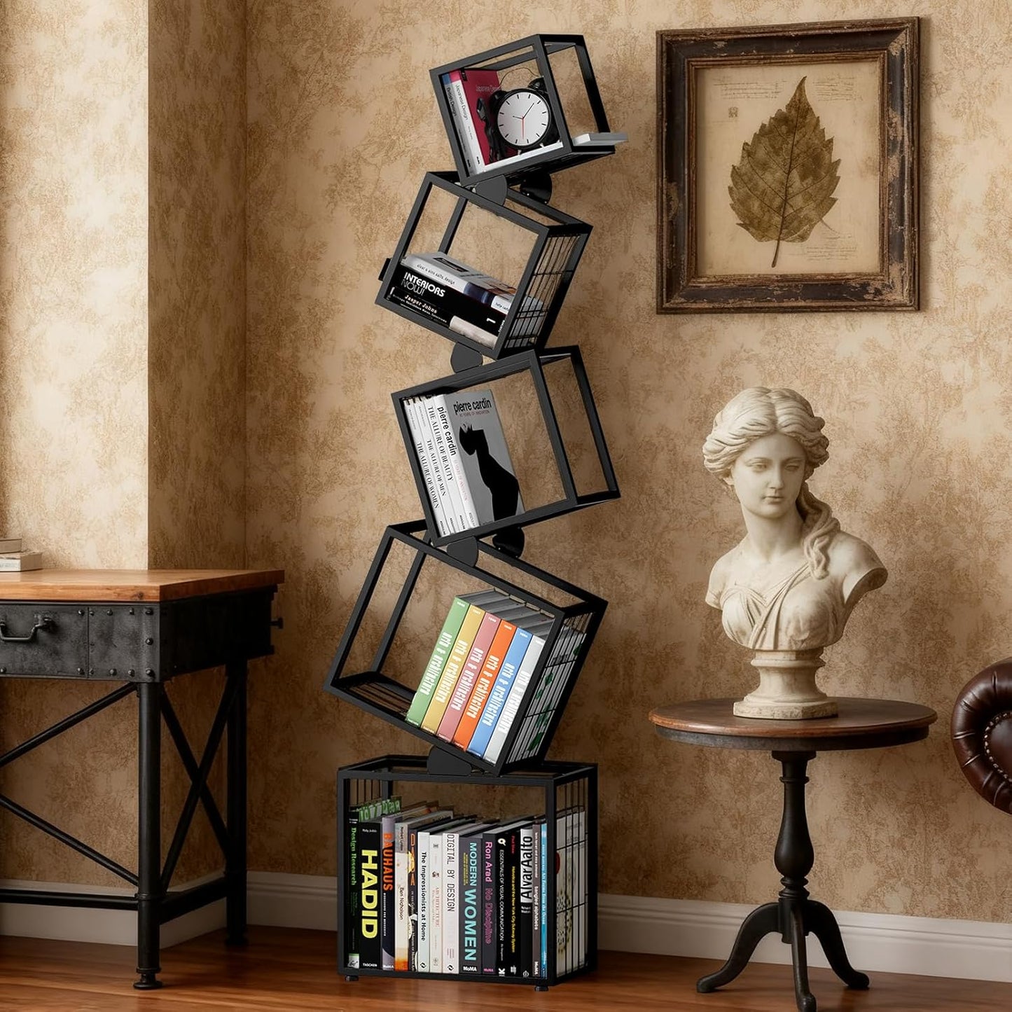 5-Tier Skinny Bookshelf with Unique Geometric Design - Modern Metal Bookcase, Space-Saving Narrow Organizer for Living Room, Bedroom, Office, Corner - Black