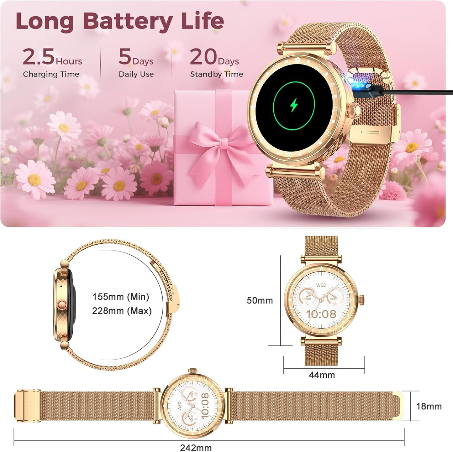 Smart Watch for Women, HD AMOLED Display Fitness Tracker Bluetooth Make/Answer Call, 1.19" Watches with 110+ Sports Modes/Heart Rate/Sleep Monitor/SpO2, Smartwatch IP68 Waterproof for Android iOS