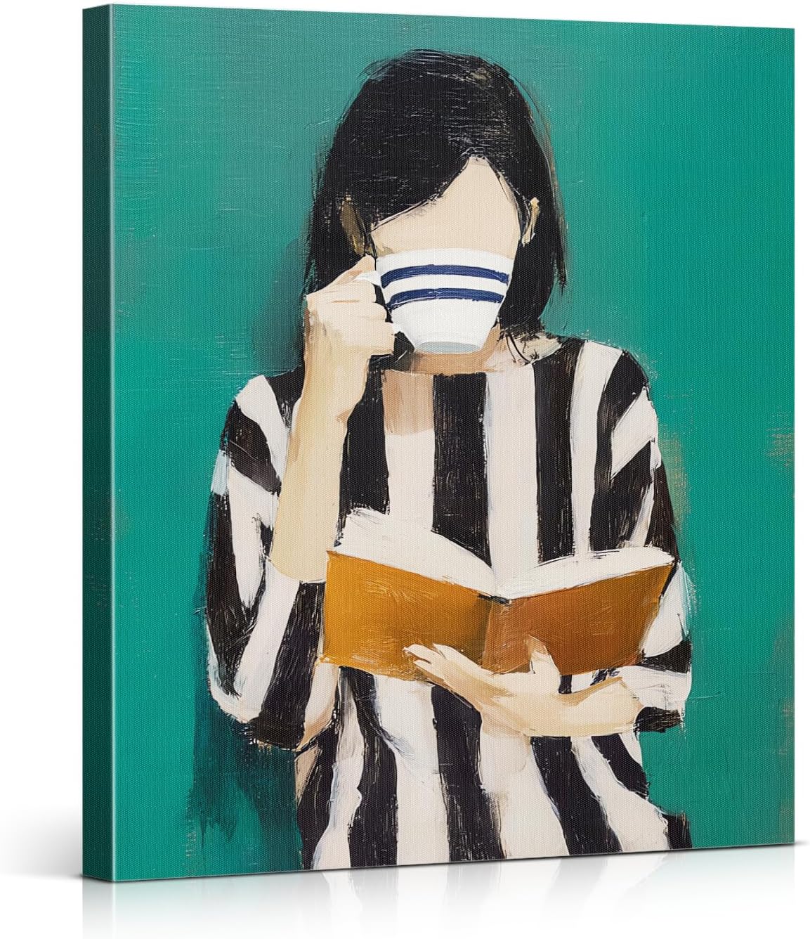 Green Reading Woman Wall Art Print - Bookish Woman Canvas Poster Painting - Book Lover Gifts Wall Decor for Home Living Room Study 8x10 Inch Framed