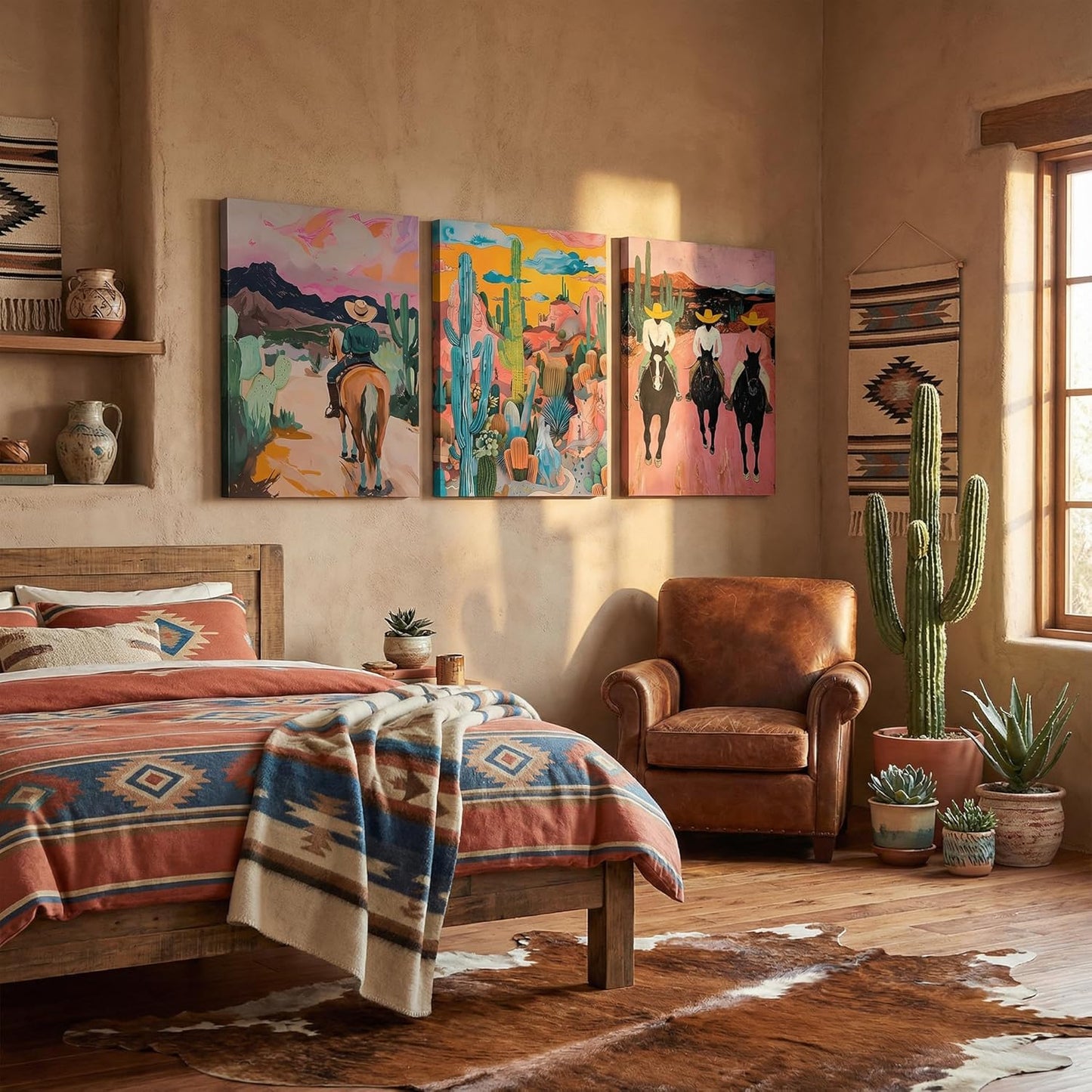 3pcs Western Cowboy Canvas Wall Art Abstract Cowboy Desert Cactus Wall Decor Pictures Vintage Wild Southwest Posters Prints Artwork for Living Room Bedroom Home Paintings Decoration Prepare To Hang