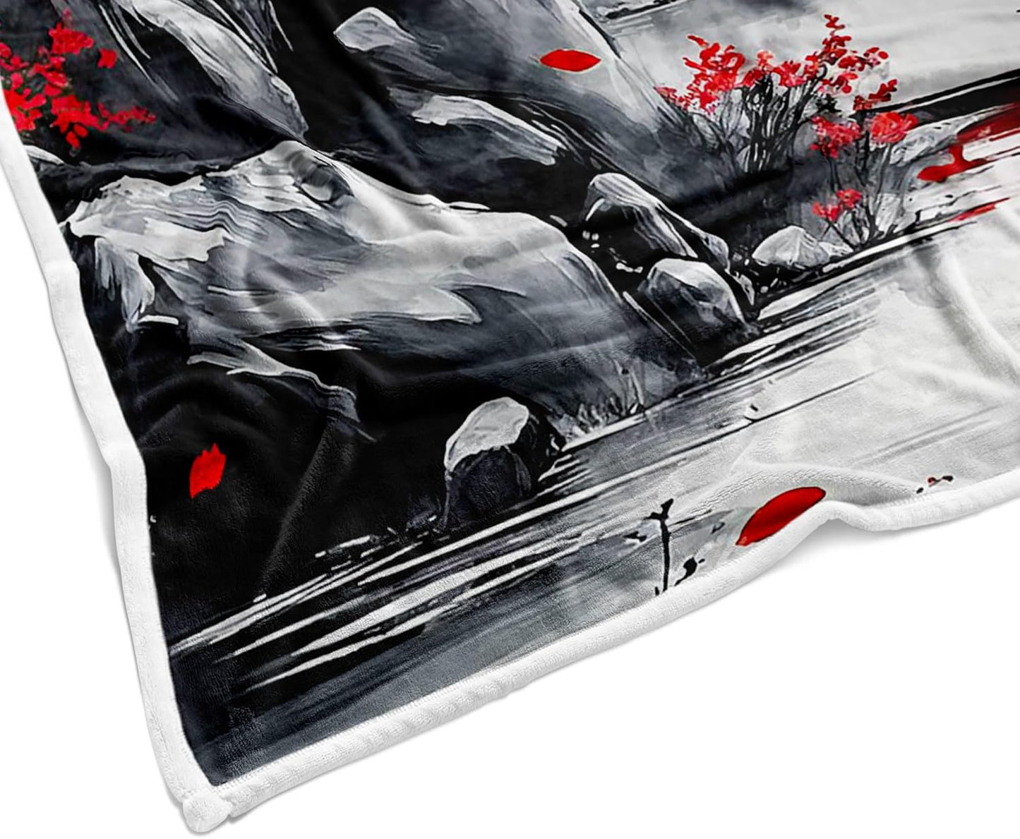 DYNH Japanese Cherry Blossom Throw Blanket, Mountain Cherry Branches Red Sun Ink Painting Asian Nature Scenery Soft Warm Flannel Black White Grey Throw Blanket,50X60