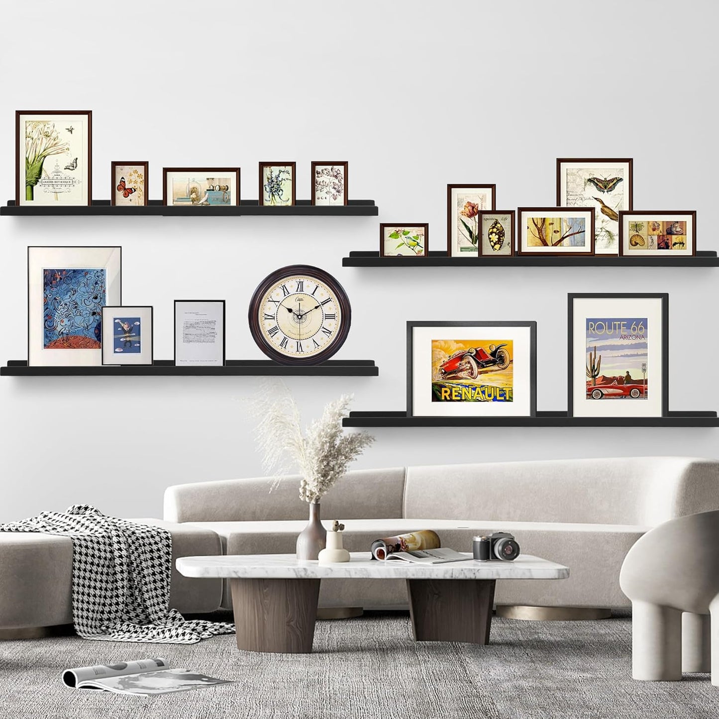 Picture Shelves for Wall,Long Floating Ledge Set of 4,Narrow Large Wood Rustic Photo Frames Vinyl Record Storage Display Nursery Kids Bookshelf Decor for Living Room Bedroom Kitchen,36'',Black