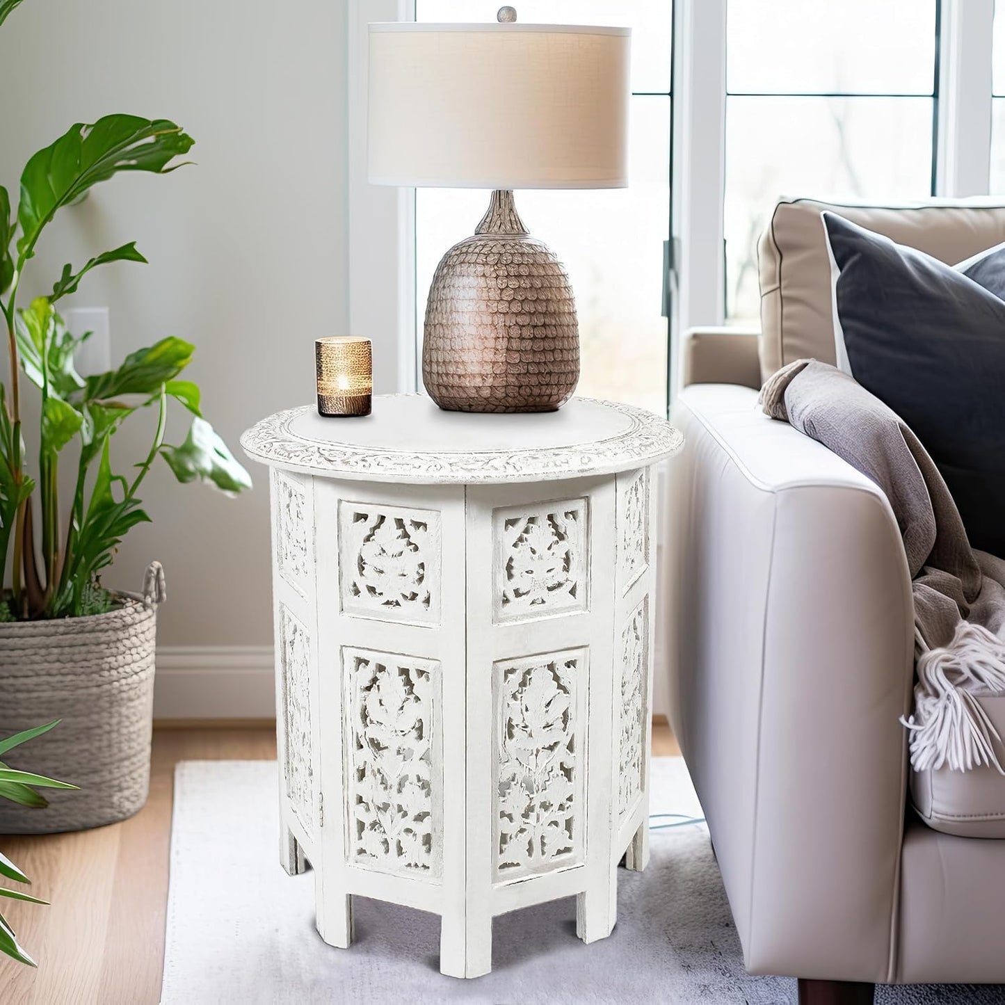 COTTON CRAFT Solid Wood Accent End Table - Hand Carved Vintage Boho Folding Side Table - Small Spaces Entryway Farmhouse Living Room Bedside - No Tools Assembly -18x18 Round - Jaipur Antique White
