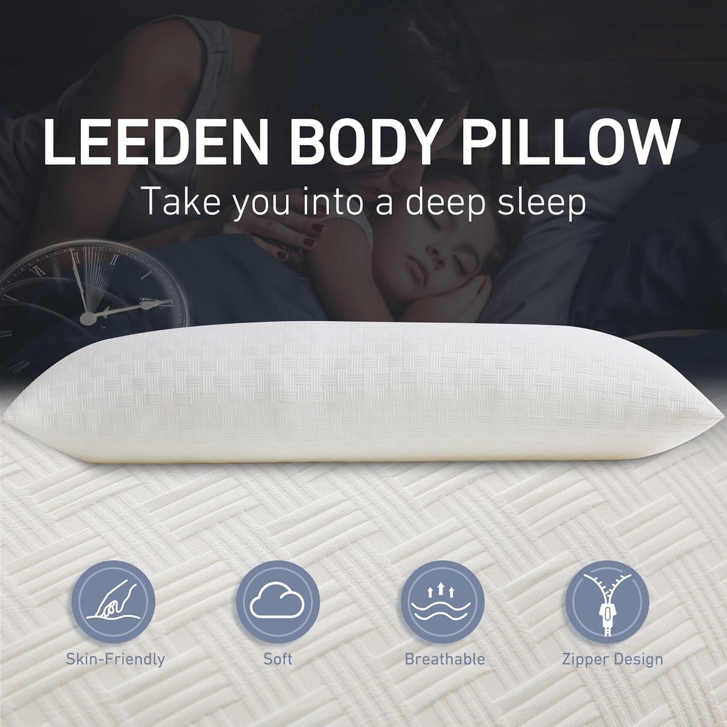 Leeden Full Body Pillow for Adults, Soft and Fluffy Long Pillow Insert, Breathable Pillow for Side Sleepers and Bed Support，20x54 Ivory White