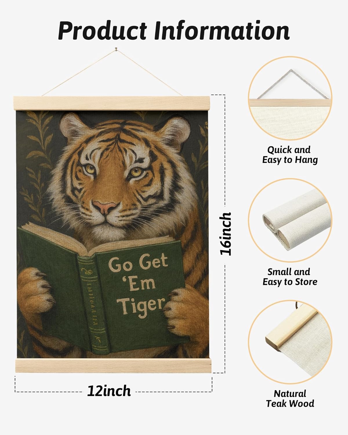 FGFK Vintage Motivational Tiger Reading Wall Art Poster Hanger Frame, Go Get Em Bookish Tiger Funny Animal Canvas Prints Framed Wall Decor for Home Kids Bedroom Room Dorm, 12x16 Inch