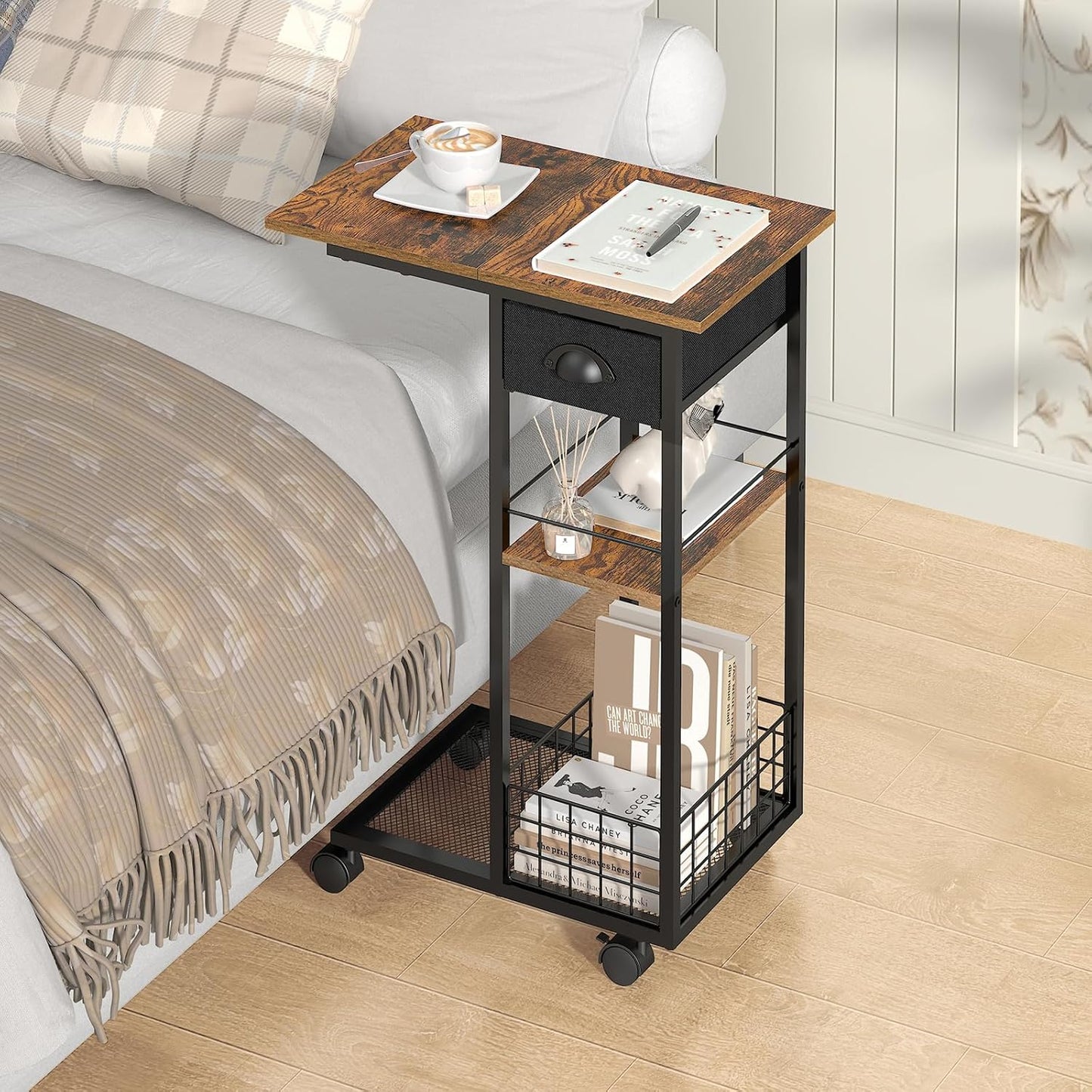 3-Tier C-Shaped End Table with Drawer — 360° Rotation, Wheels, Space-Saving TV Tray for Living Room / Bedroom