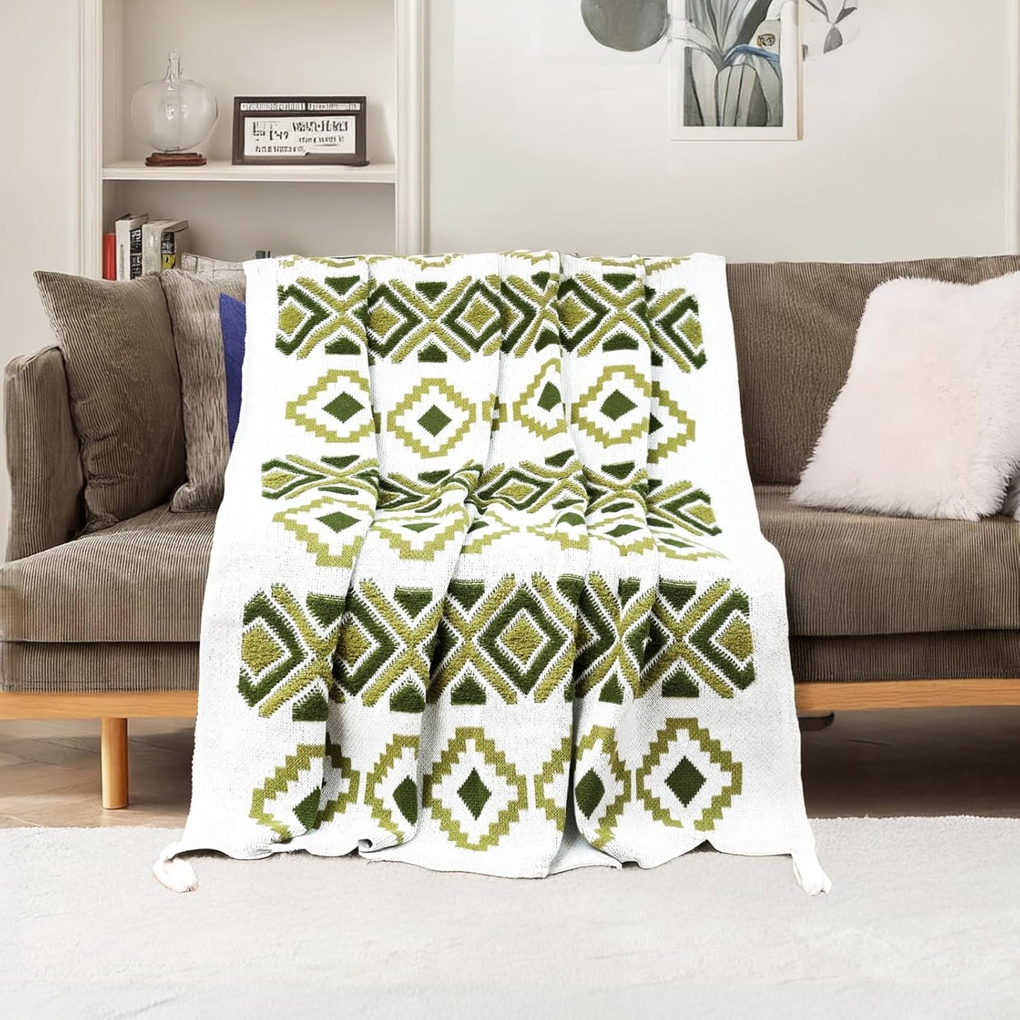 Boho Knit Throw Blanket – 51"x67" Cozy & Lightweight (2.09lb) ，Southwestern，Tassel， Perfect for Sofa, Camping & WFH ，Stylish Home Decor, Machine Washable & Gift (Green, Embroidery)