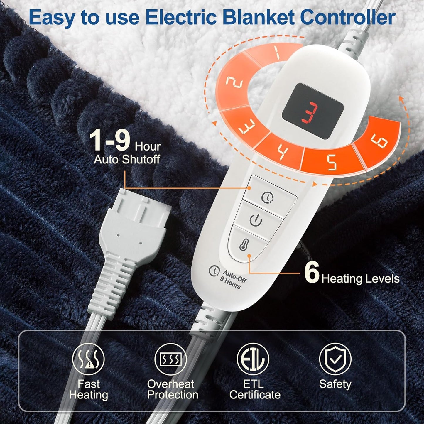 Tefici Heated Electric Blanket Full Size 72"x84" 6 Levels Over-Heat Protection Fast Heating 1/3/6/9 Hours Auto-Off,Heating Blanket Full Size,Soft Flannel to Sherpa ETL&FCC Certified Blue