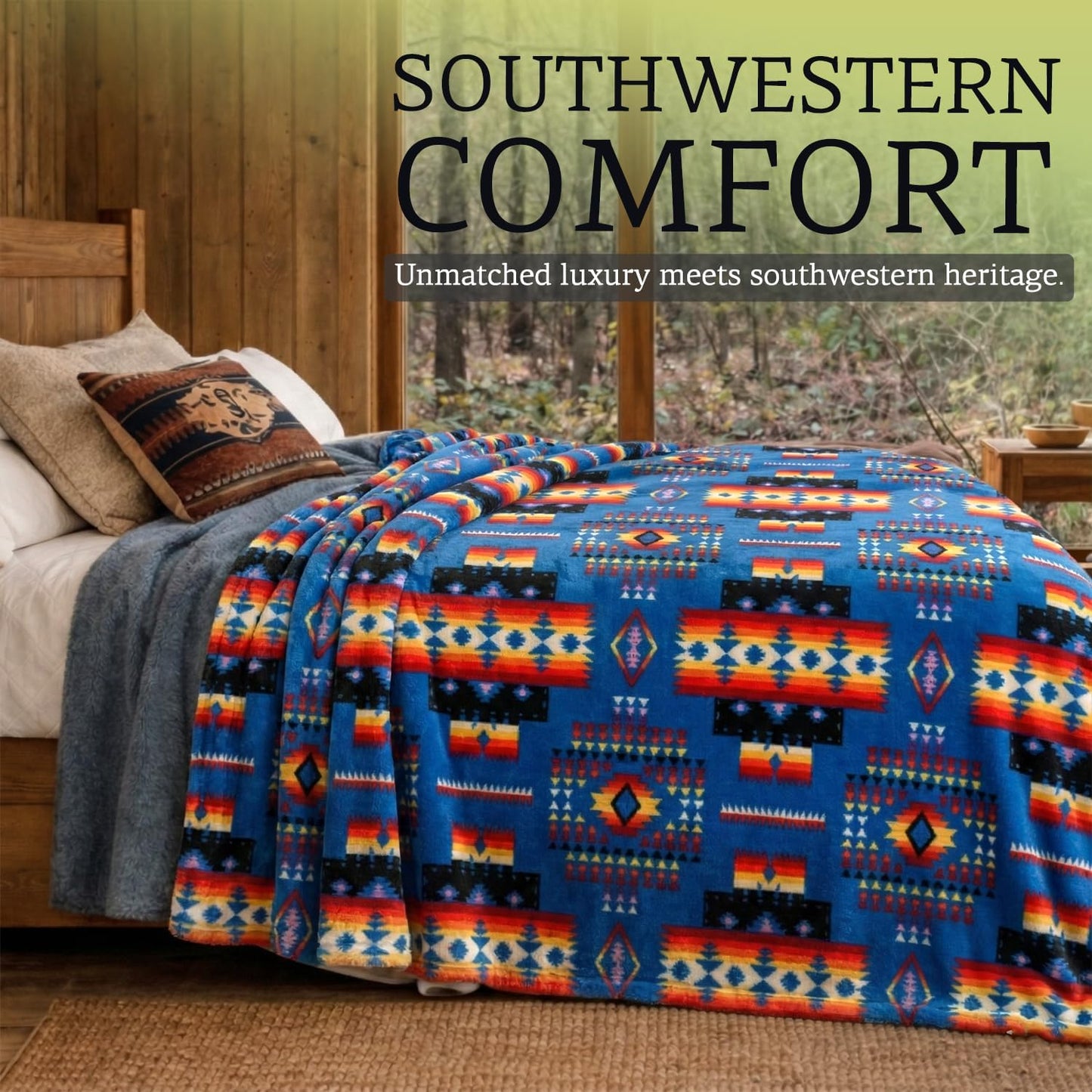 Sacred Thread Aztec Blanket Fleece, Reversible Native American Blanket, Western Throw, Native American Western (Blue Sherpa), Full (60”x80”)