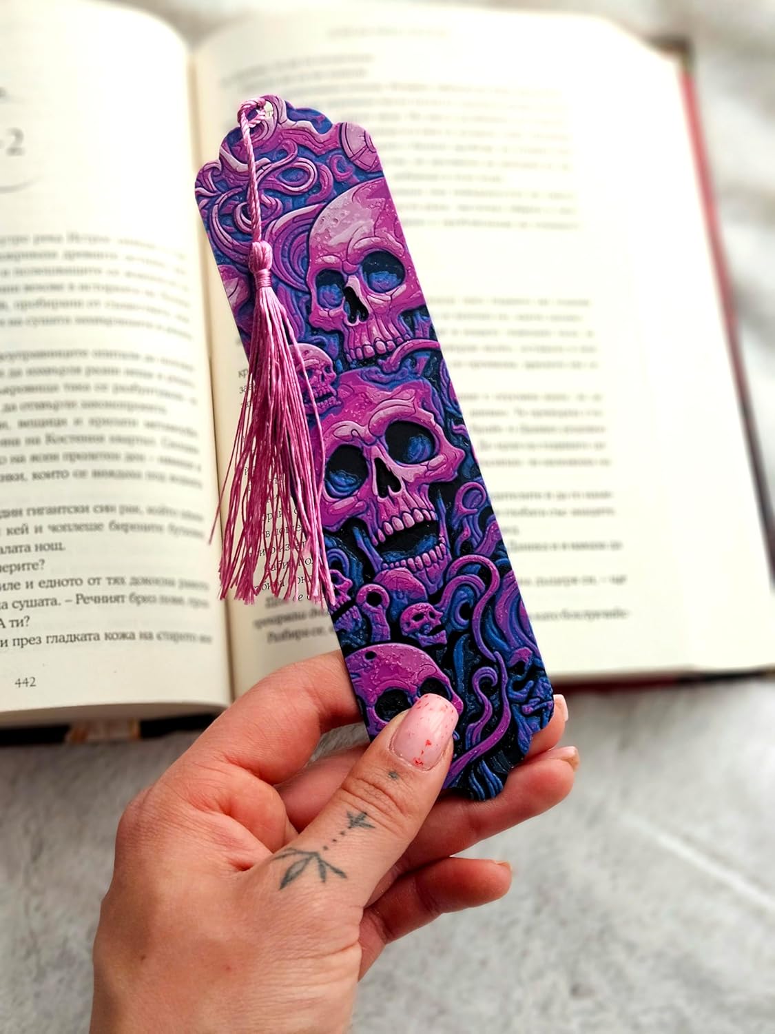 Gothic Skull Bookmark with Pink Tassel, 3D Printed, Purple and Navy Design, Horror Theme Decorative Page Marker