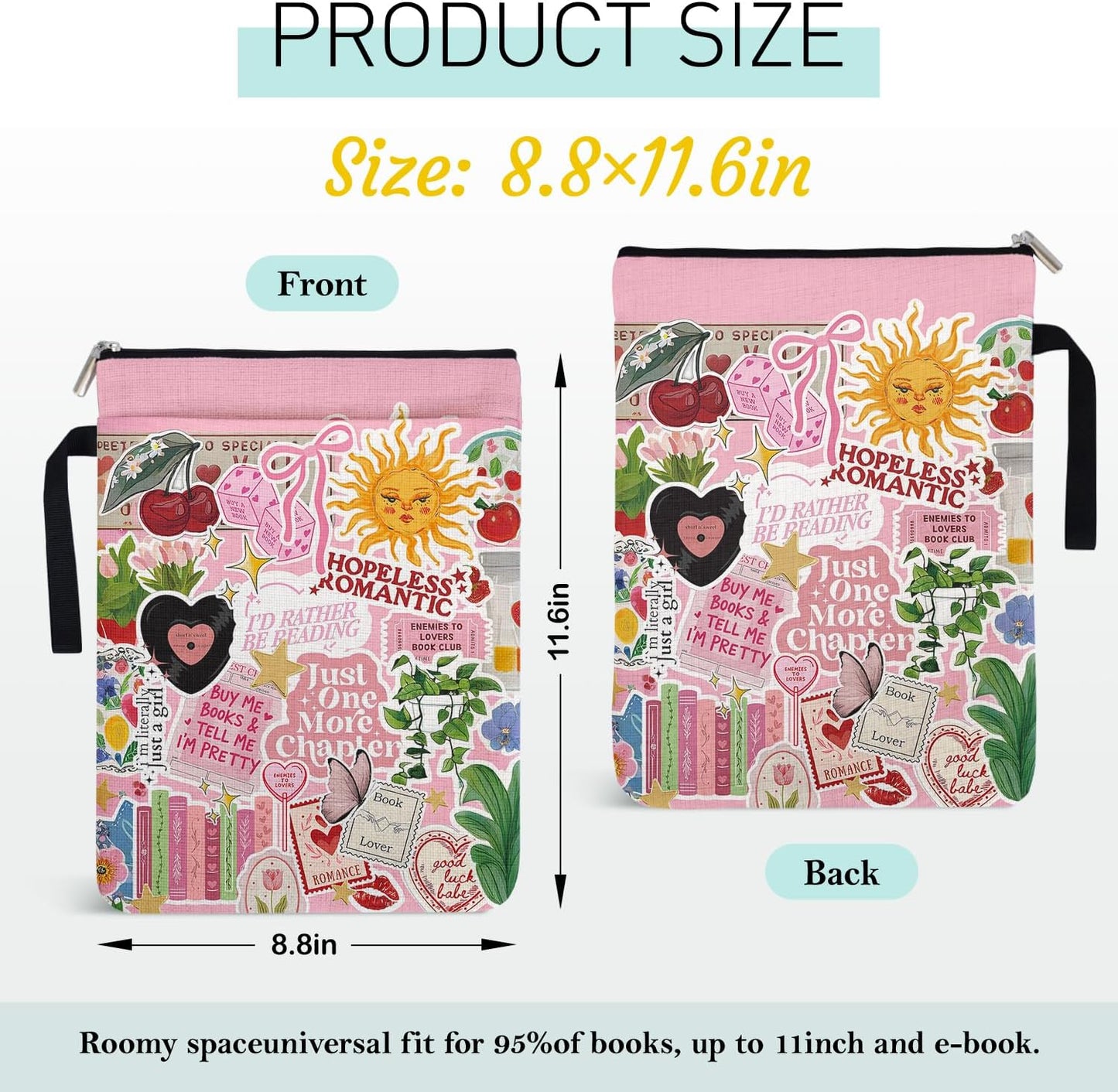 Just One More Chapter Y2K Book Sleeve for Women Book Lovers, Paperback Sleeve Gifts for Librarian Lovers Bookish Group Club, Book Cover with Zipper and Handle for Paperbacks 9 x 12 Inch