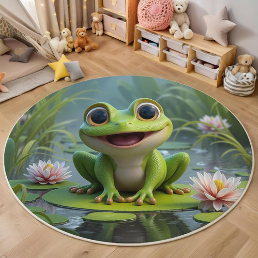 Round Area Rug, 2Ft Washable Non-Slip Emerald Green 3D Happy Frog Pond Circle Rug, Soft Low-Pile Cartoon Animal Indoor Small Circular Carpet for Bedroom Entryway Dining Living Room