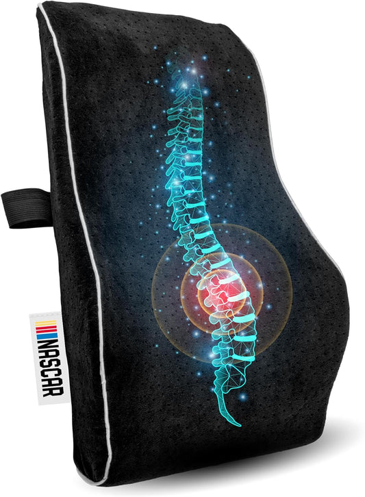 NASCAR Lumbar Support Pillow for Office Chair, Car, Gaming Chair, Home | Contoured Ergonomic Back Support | Premium Memory Foam | Breathable & Washable Jaquard Velvet Cover w/Adjustable Strap, Black