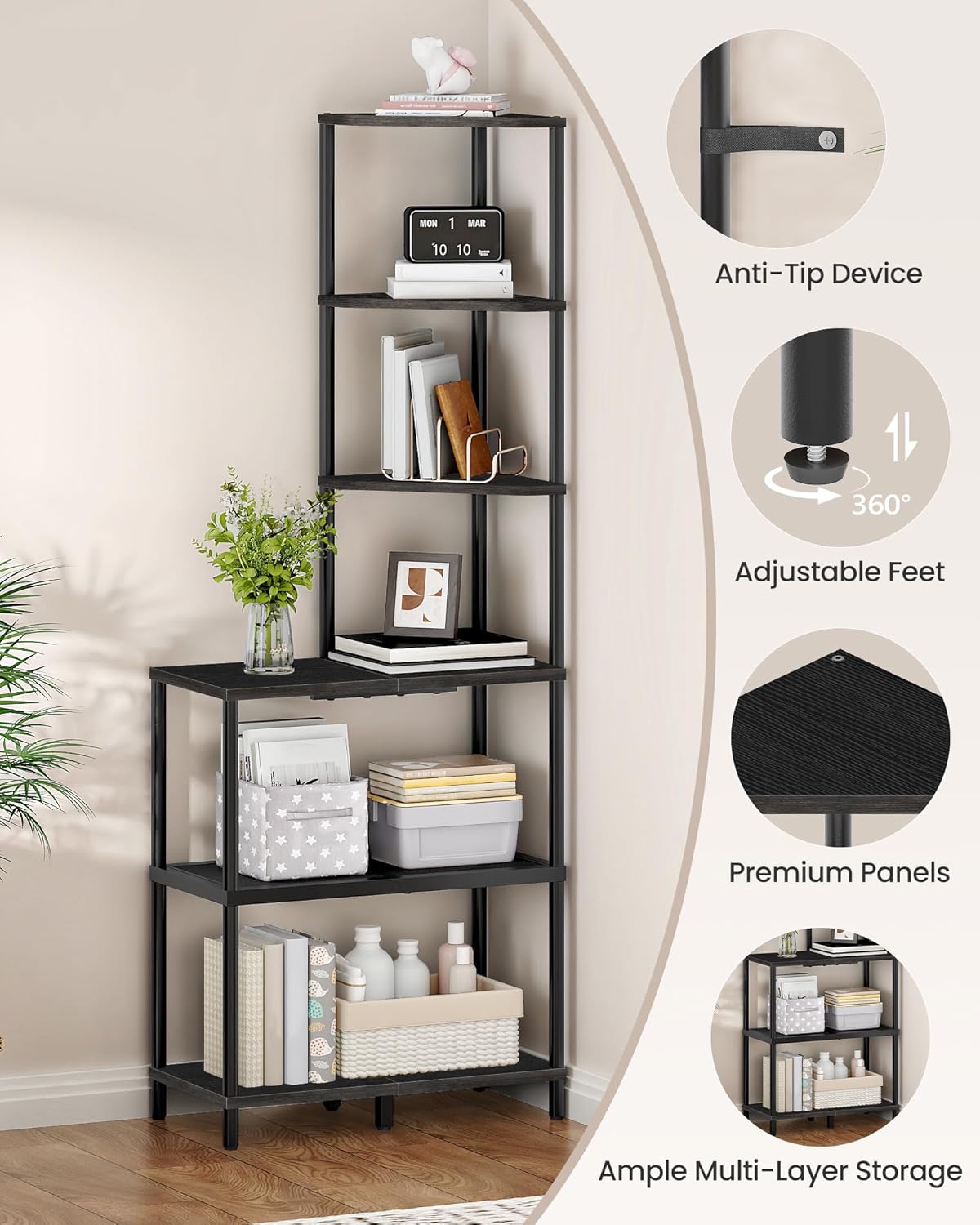 6-Tier Corner Shelf, Industrial Corner Bookshelf with Desk Top, Diamond-Shaped Storage Shelves, Display Stand for Small Spaces, Living Room, Home Office, Foyer, Black TCJ70BB