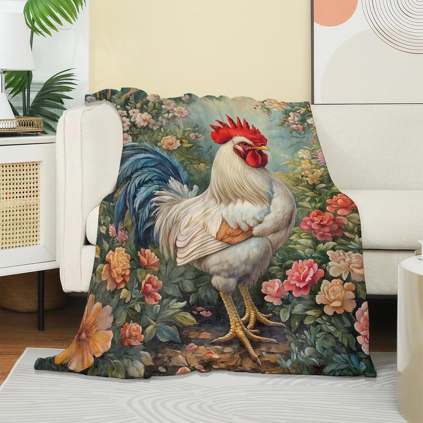Rooster & Floral Blanket, Soft Warm Cozy Throw Gifts for Adults Kids Women, Lightweight Comfy Fuzzy Flannel Blankets for Couch, Travel, Car, Home Decor 50×40 Inch