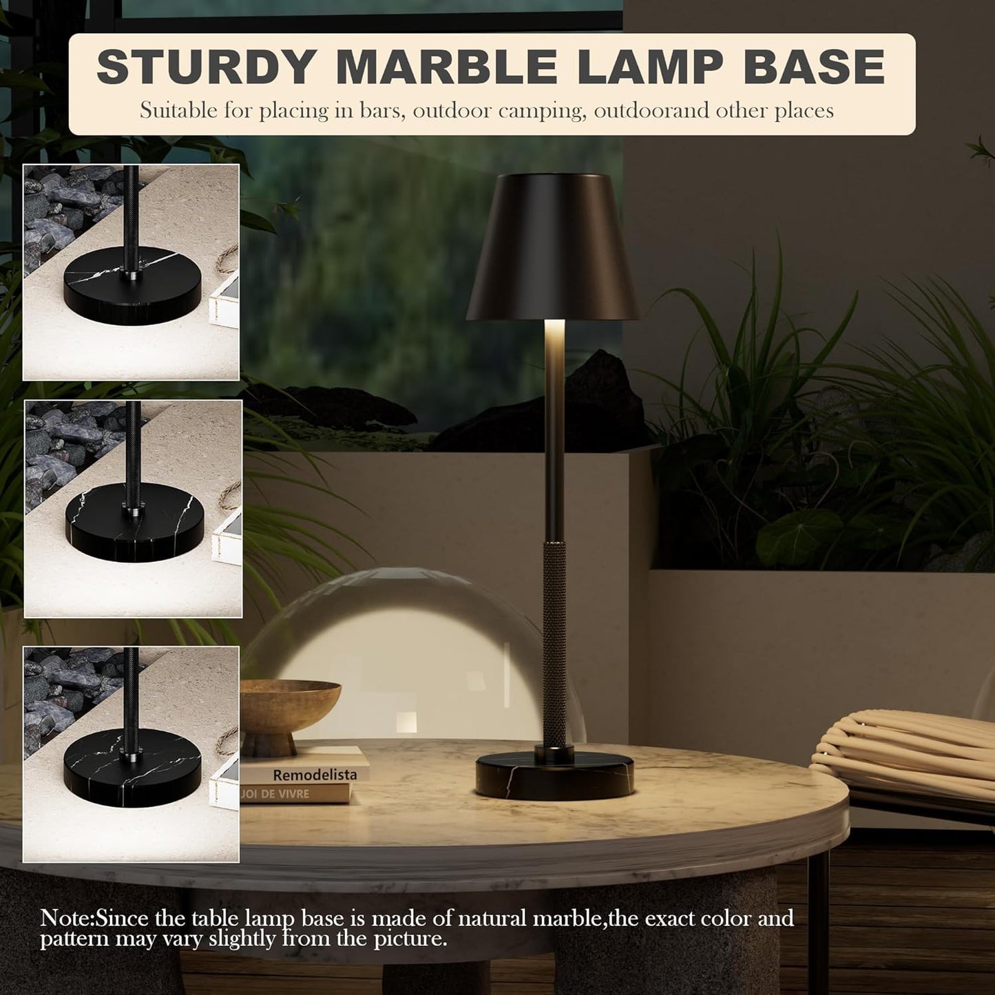 Cordless Table Lamp 2 Pack with Marble Base,5200mAh Battery Operated Lamp,IP54 Waterproof Portable LED Desk Lamp,3-Color Stepless Dimming, Height Adjustable for Patio,Bedroom,Restaurant(Black)