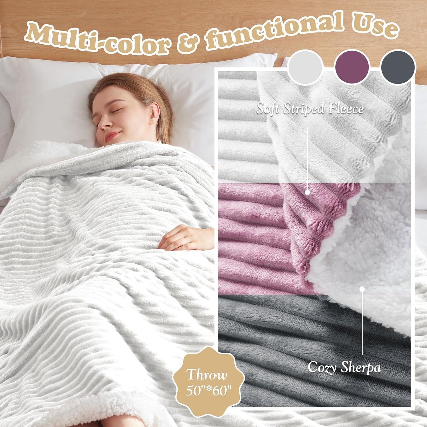 Striped Heated Blanket Throw Size - Fast Warming Electric Throw Blanket with 6 Heat Settings & 4 Hours Auto-Off, Ideal Gift for Her, 50"x60", Light Grey