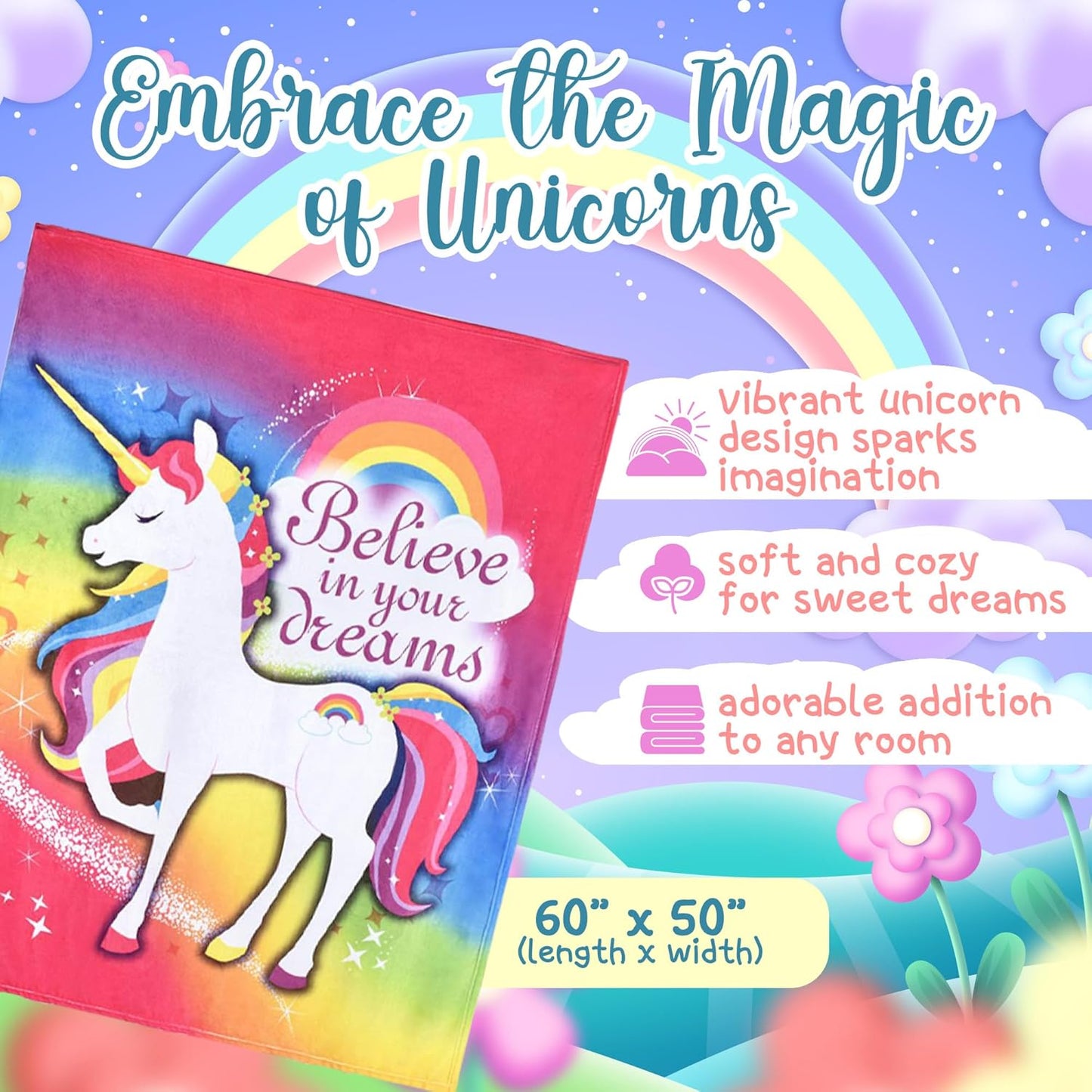 Forest & Twelfth Plush Unicorn Blanket - 50” x 60” Soft Cozy Fleece Throw Blanket for Girls & Kids, Magical Unicorn-Themed Baby Blanket, Birthday, Room Décor or Christmas Blanket