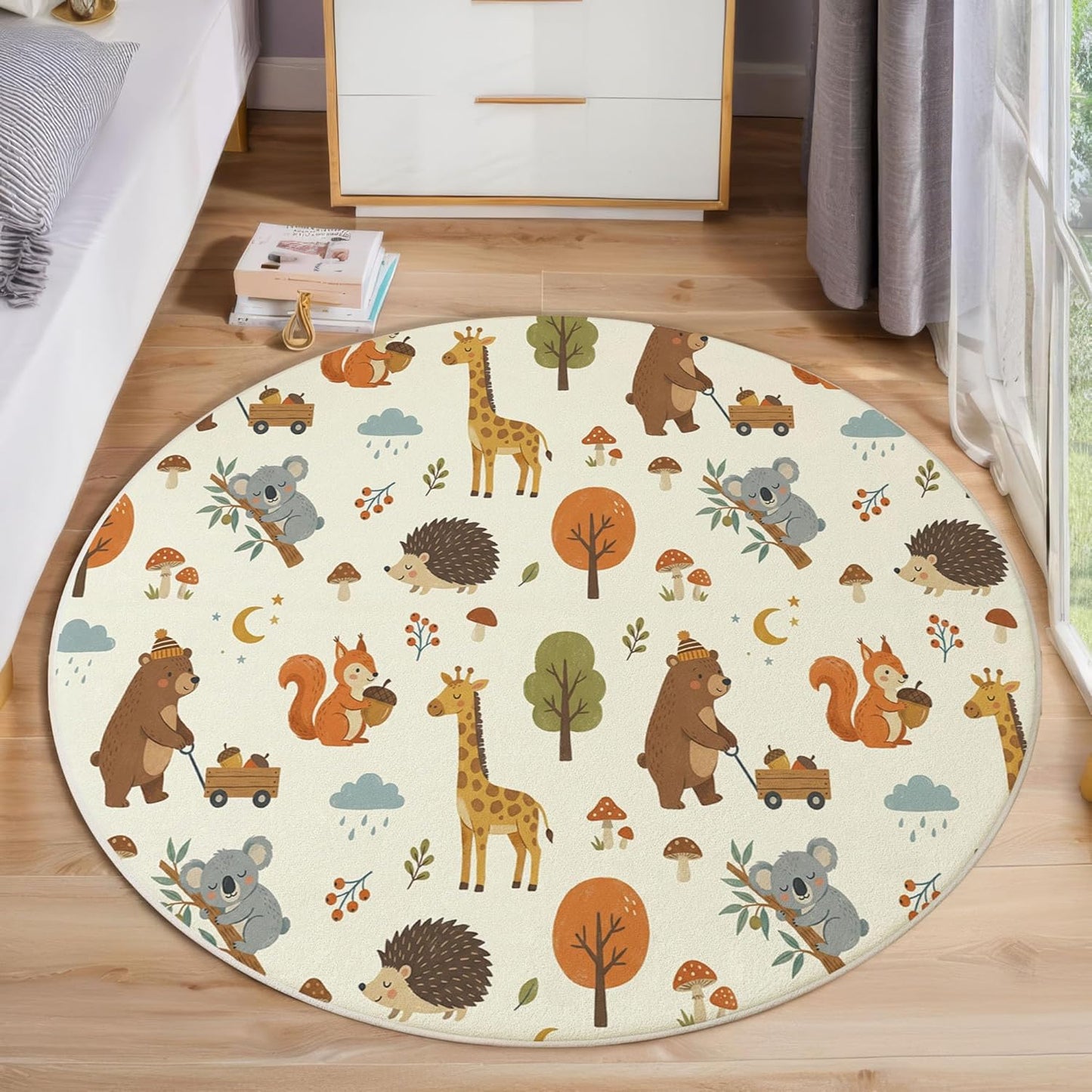 Cute Hedgehog Giraffe Round Rugs 2Ft, Forest Animals Round Living Room Area Rug, Washable Large Soft Circle Rug for Bedroom, Non Slip Ultra Thin Floor Carpet for Dining Room, Beige
