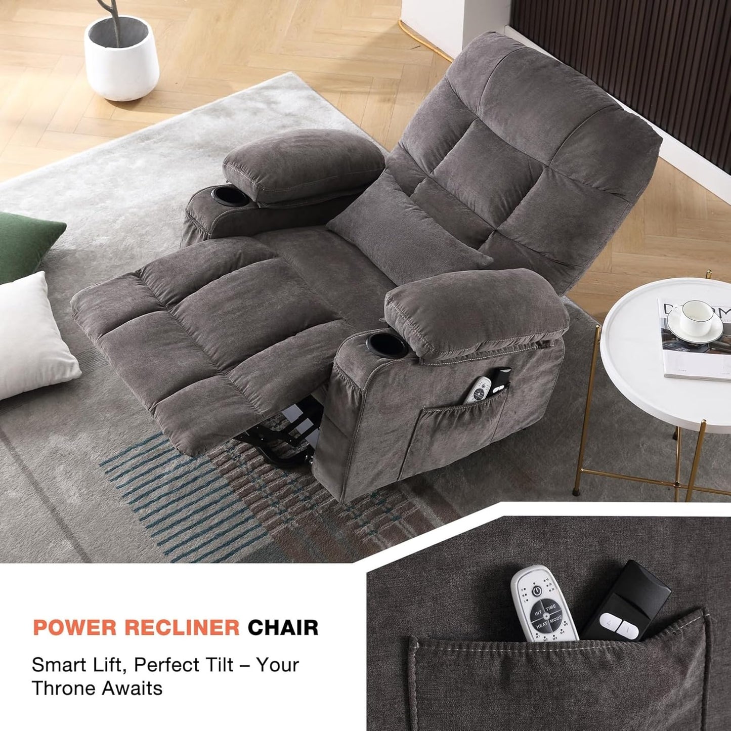 Electric Lift Recliner Chair for Seniors with Heated Lumbar & Full-Body Vibration Massage, Single Power Reclining Sofa with USB Charging, Dual Cup Holders, Side Storage Pocket, and Ergonomic