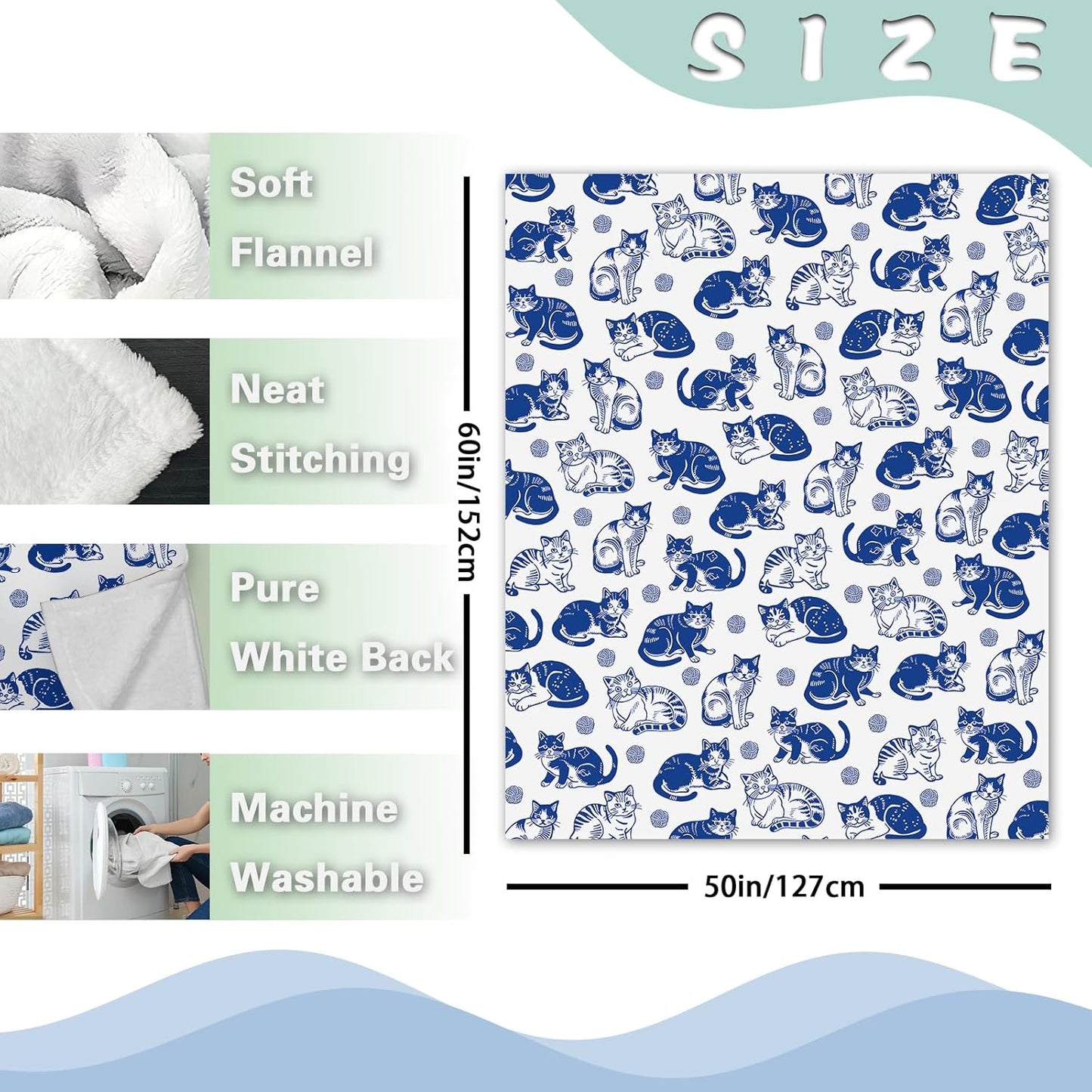 Blue White Cat Flannel Throw Blanket, Cute Yarn Ball Birthday Gifts for Kids Men Women Pet Owner Lover, Vintage Soft Blankets for Bedding Sofa 50" x 60"