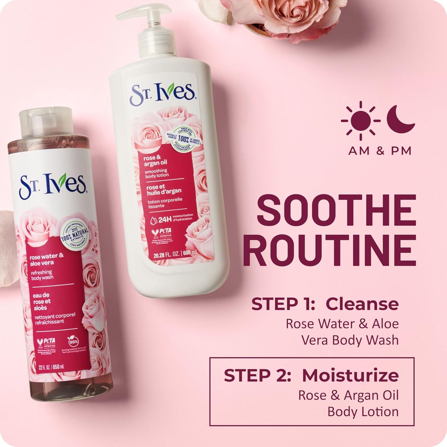 St. Ives Smoothing Hand & Body Lotion for Women with Pump, Daily Moisturizer Rose and Argan Oil for Dry Skin, Made with 100% Natural Moisturizers, 21 fl oz, 4 Pack
