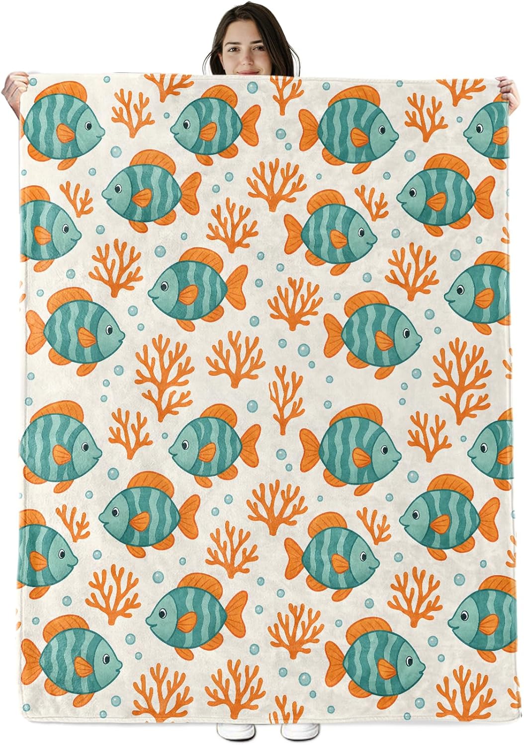 Fish Ocean Blanket Gifts for Boys Girls Kids, Cute Sea Animal Coral Warm Soft Flannel Throw Blankets for Travel, Sofa, Living Room, Bedroom Decor, 50x60 in