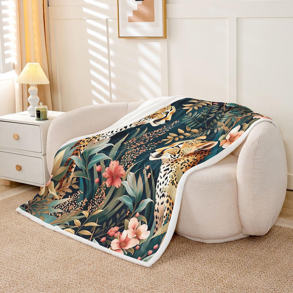 Feelyou Jungle Leopard Animal Sherpa Throw Blanket for Couch Vintage Floral Super Soft Cozy Fleece Farmhouse Blanket for Winter, Plush Throw Baby 30"x40" All Season