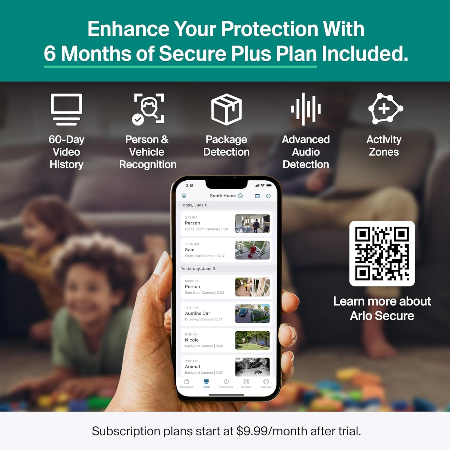Arlo Essential Security Camera 2K (2025 Release) + 6 Months of Secure Plus Plan - Continuous Wired Plug-in Power Outdoor Camera, Person Recognition, Package Detection, Animated Preview, 1 Cam, White