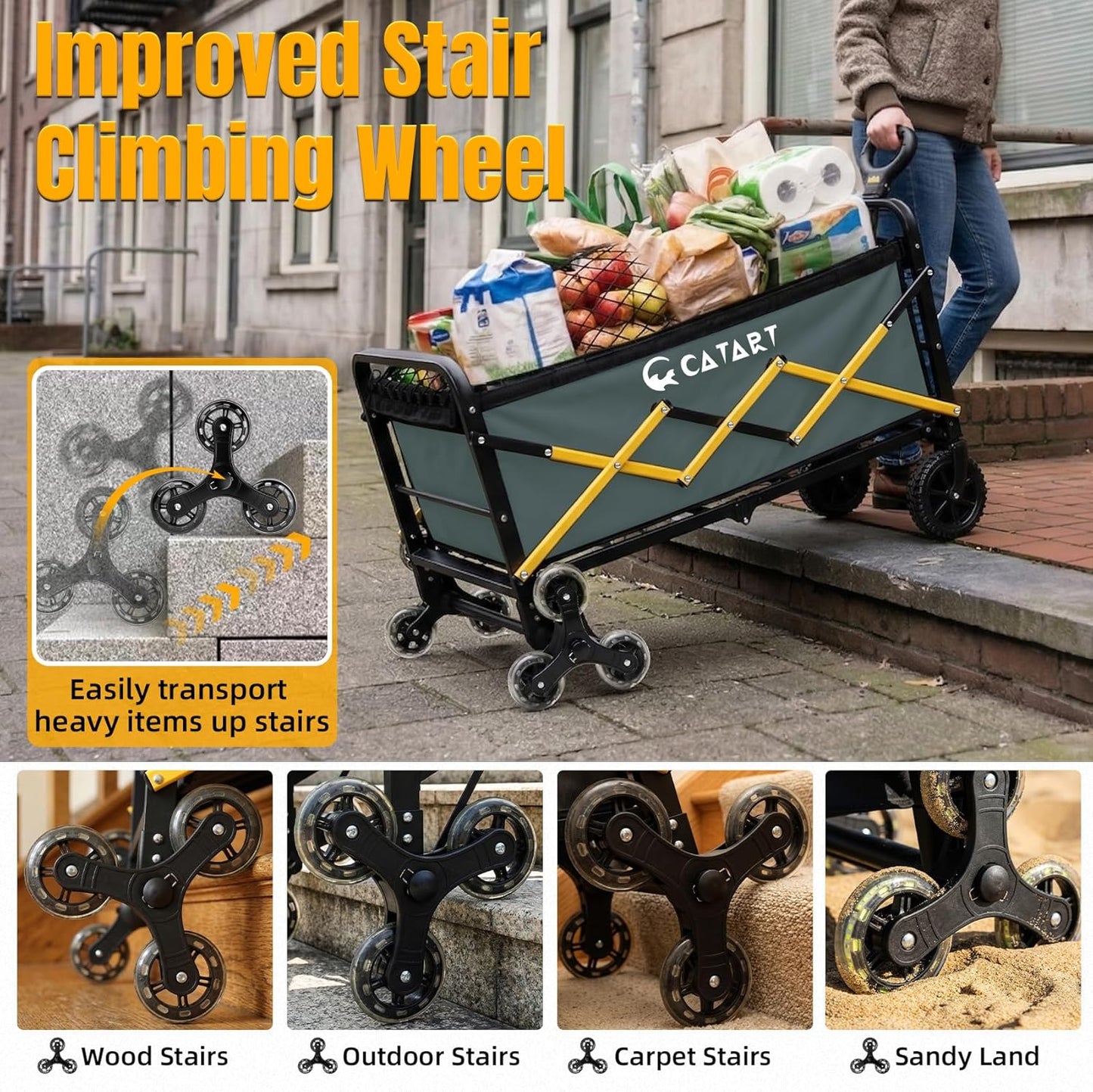 Folding Utility Cart with Triangular Wheels, 2 in 1 Collapsible Wagon for Stairs, Multi-Scene Stair Climbing Wagon, Lightweight Hand Truck with Telescoping Handle for Grocery, Laundry, Moving, Office