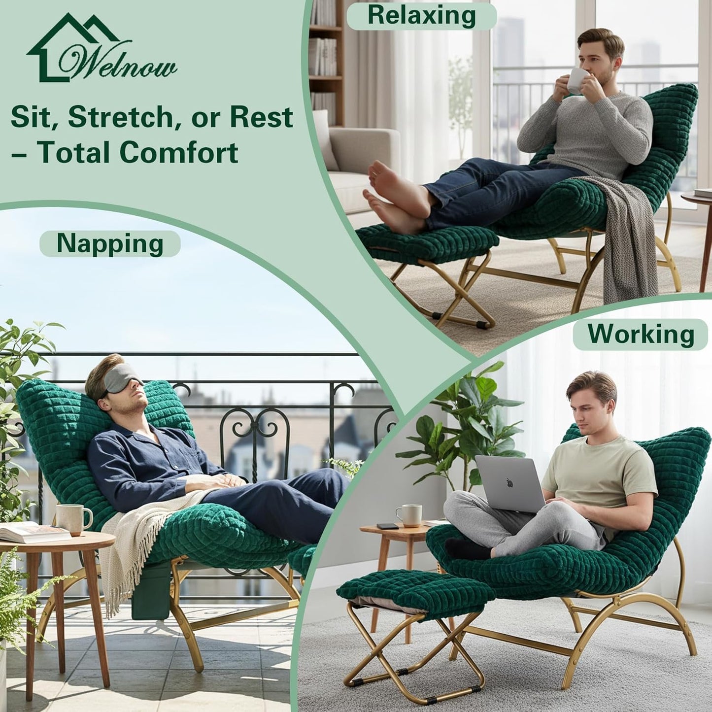 Welnow Dark Green Lazy Chair with Ottoman, Oversized Reading Chair for Adults, Soft Padded Lounge Accent Chair for Living Room, Bedroom, Comfortable Reclining Leisure Chair with Side Pocket