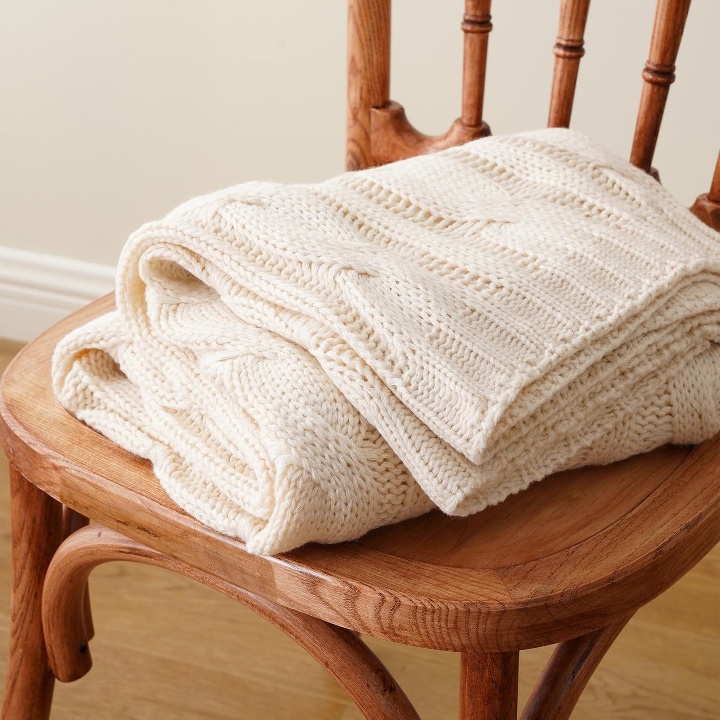 Battilo Cream Ivory Cable Knit Throw Blankets for Couch, Super Soft Warm Cozy Decorative Knitted Throw Blanket for Bed, Sofa, Chair 50"x60"