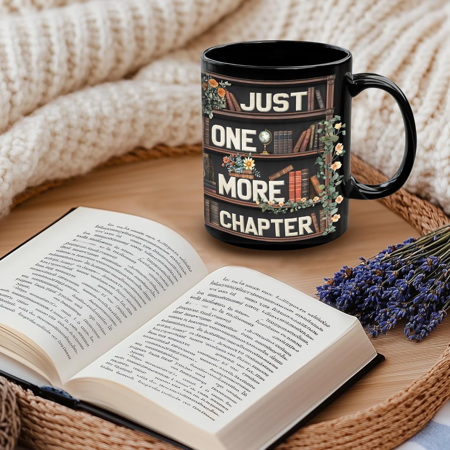 Cute Ghost Reading Mug Gifts on Birthday, Christmas, Funny Book Lover Coffee Mug For Readers, Bookish Decor for Women, Just One More Chapter, Book Club Gifts 11oz Black Ceramic Tea Cup