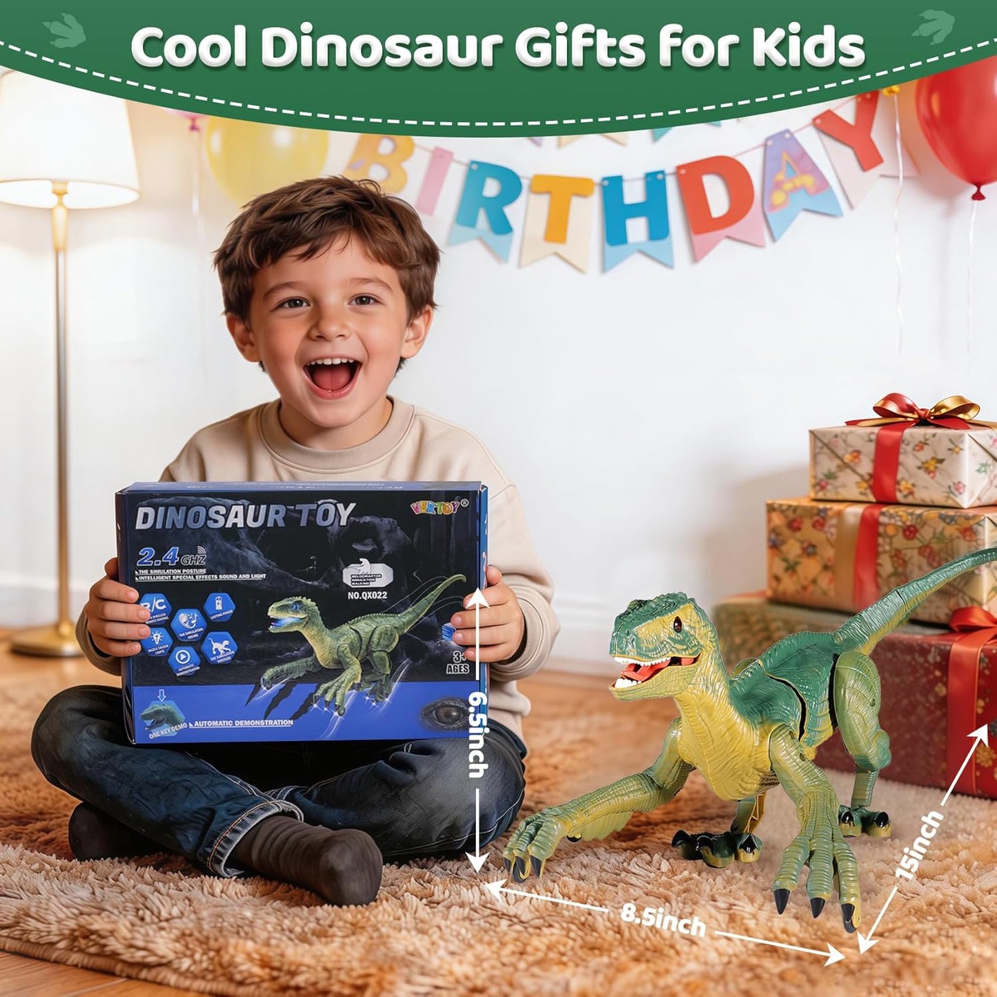 VERTOY Remote Control Dinosaur Toys for Kids - Build a Big Walking Velociraptor Dino with Light and Sound, Birthday Gift Ideas for Boys and Girls 3-5 5-7 8-12 Year Old