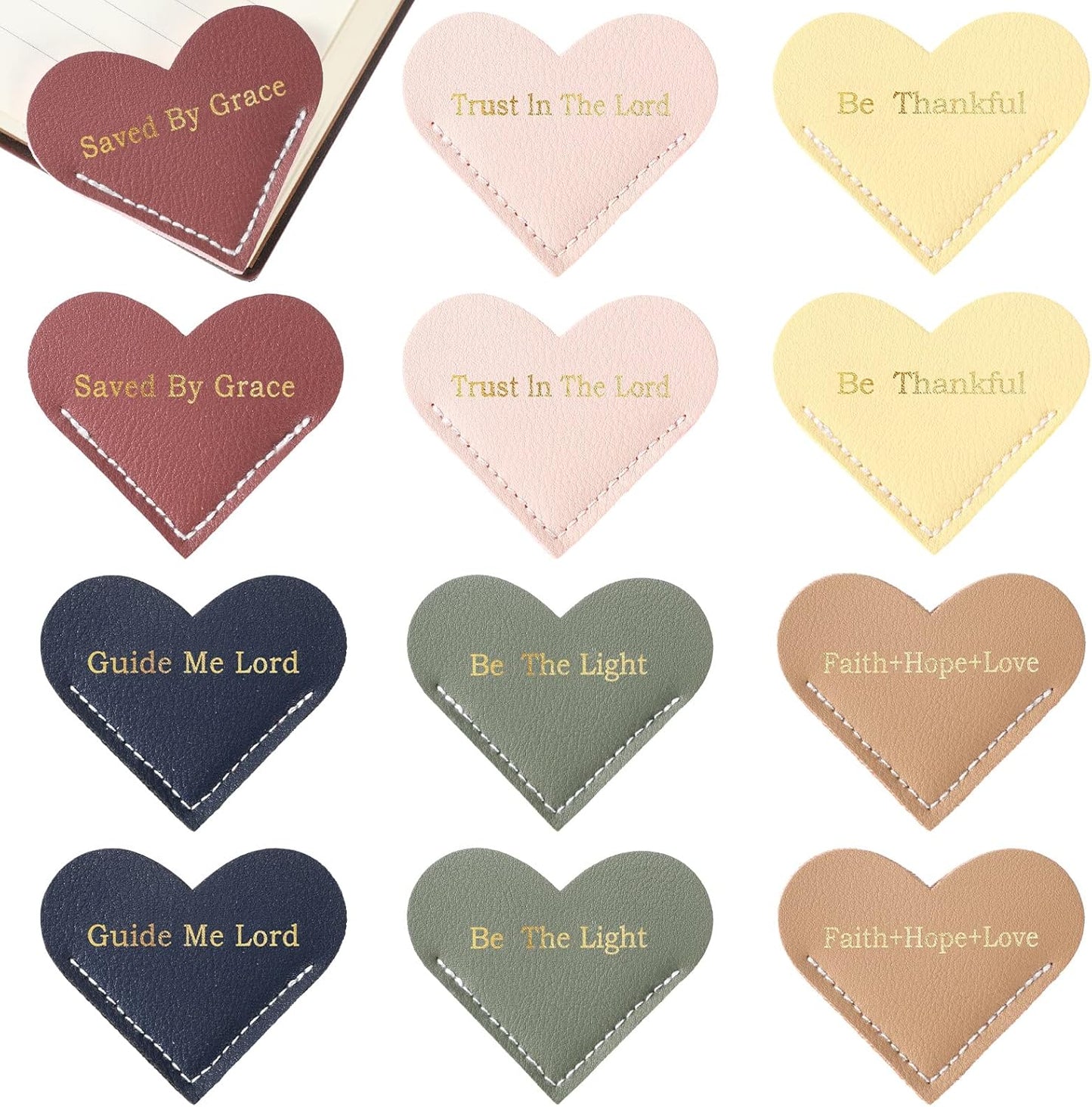 Kosiz 12 Pieces Christian Bible Verse Leather Heart Bookmark Bulk Cute Heart Page Corner Bookmark for Book Lovers Reading Accessories for Mother Women Teacher, 6 Styles