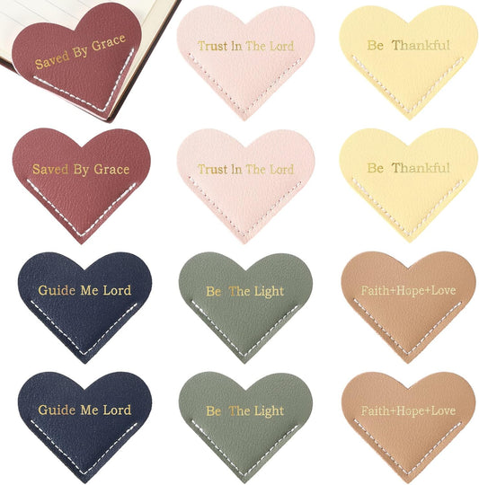 Kosiz 12 Pieces Christian Bible Verse Leather Heart Bookmark Bulk Cute Heart Page Corner Bookmark for Book Lovers Reading Accessories for Mother Women Teacher, 6 Styles
