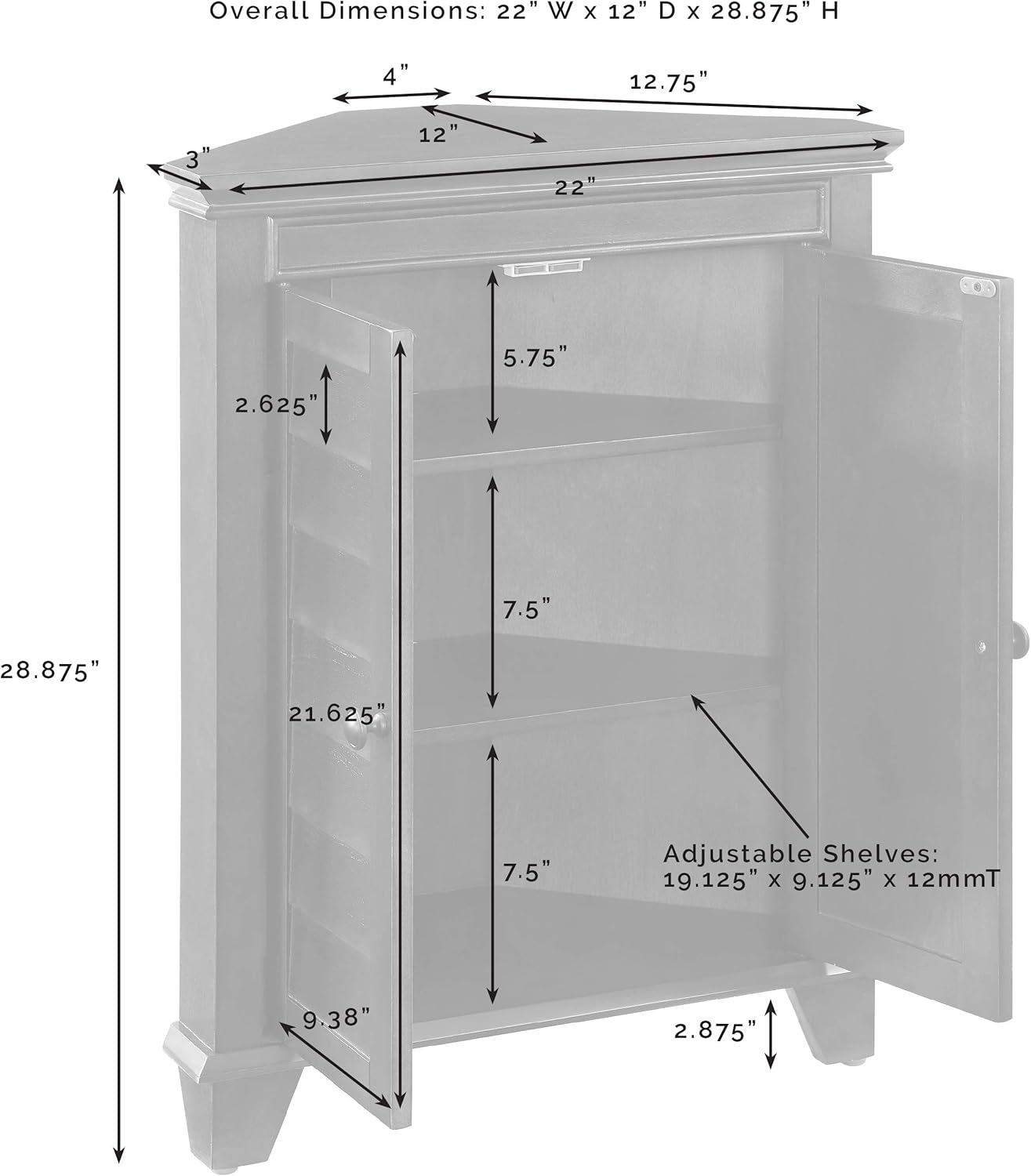 Crosley Furniture Lydia Corner Storage Cabinet and Bathroom Organizer with Shelves, White
