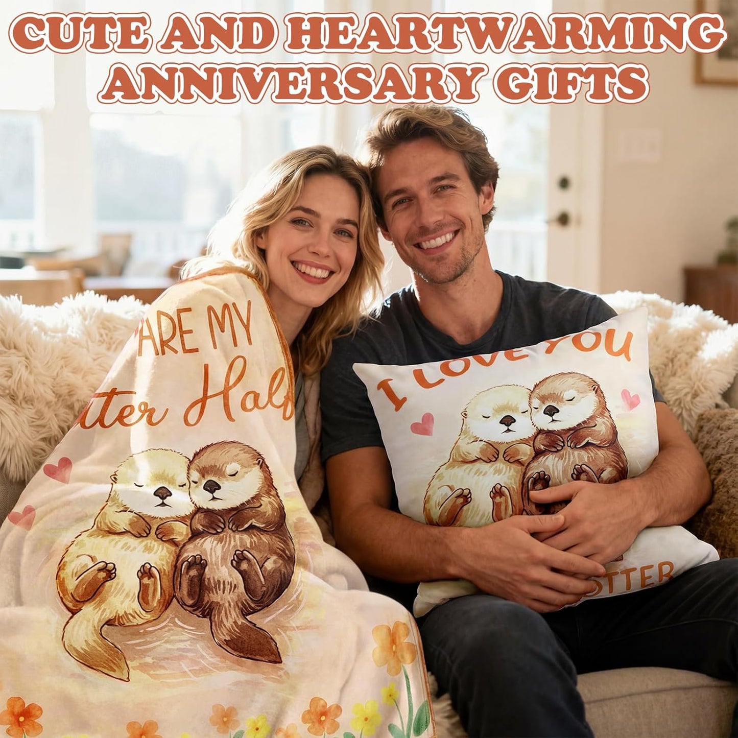 Moukeren 3 Pcs Anniversary Otter Gift for Her Couple for Women Wife Include Otter Throw Blankets Cute Soft Novelty Crew Socks Pillow Cover Girlfriend Sweetest Day Couples Idea
