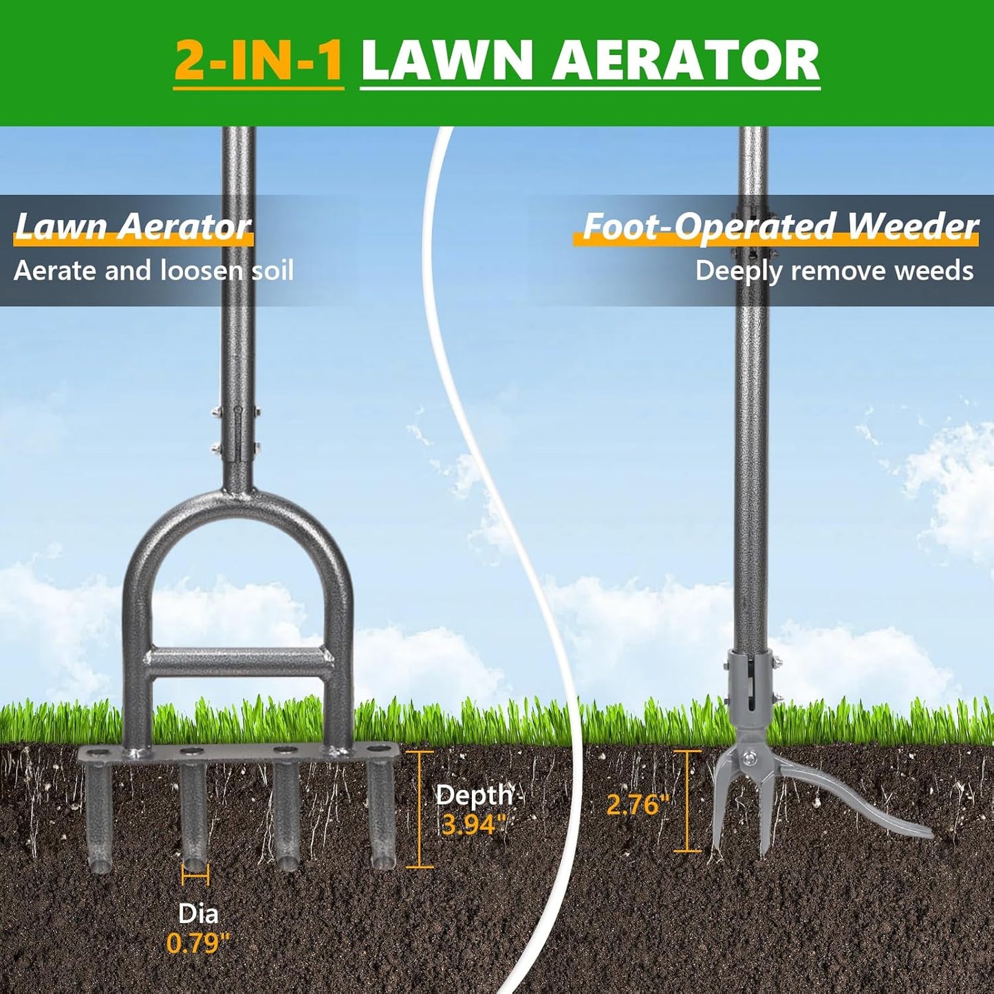 2-in-1 Lawn Aerator Tool - Adjustable Height with 4 Hollow Aeration Tines, High-Strength Anti-Rust Carbon Steel, Foot-Operated Weed Puller & Lawn Aerator for Garden Lawn Care & Compacted Soil Aeration