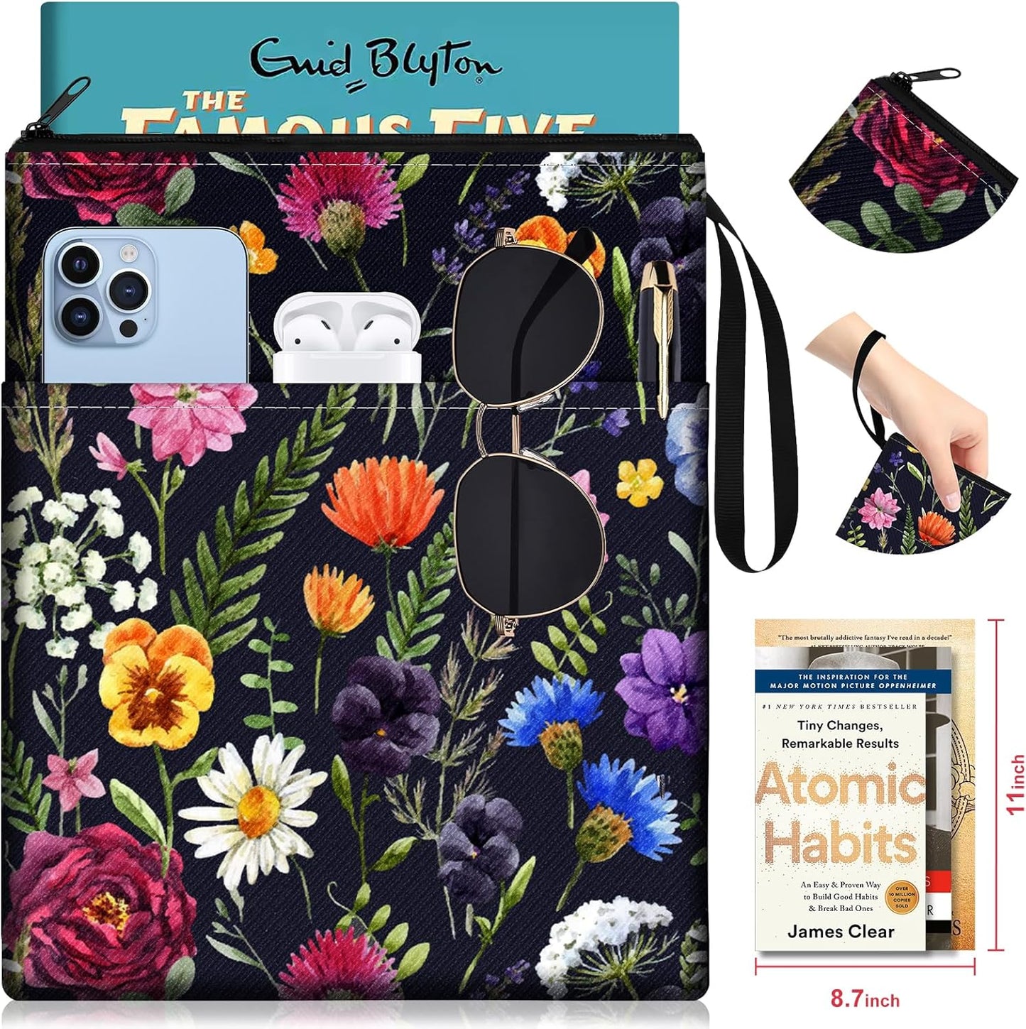 Slohif Book Sleeve Pouch Book Cover Protector with Zipper Cute Book Beau Booksleeve Small Large Botanical Pouches for Paperback HardBook Cover Reading Accessories for Students Women Readers